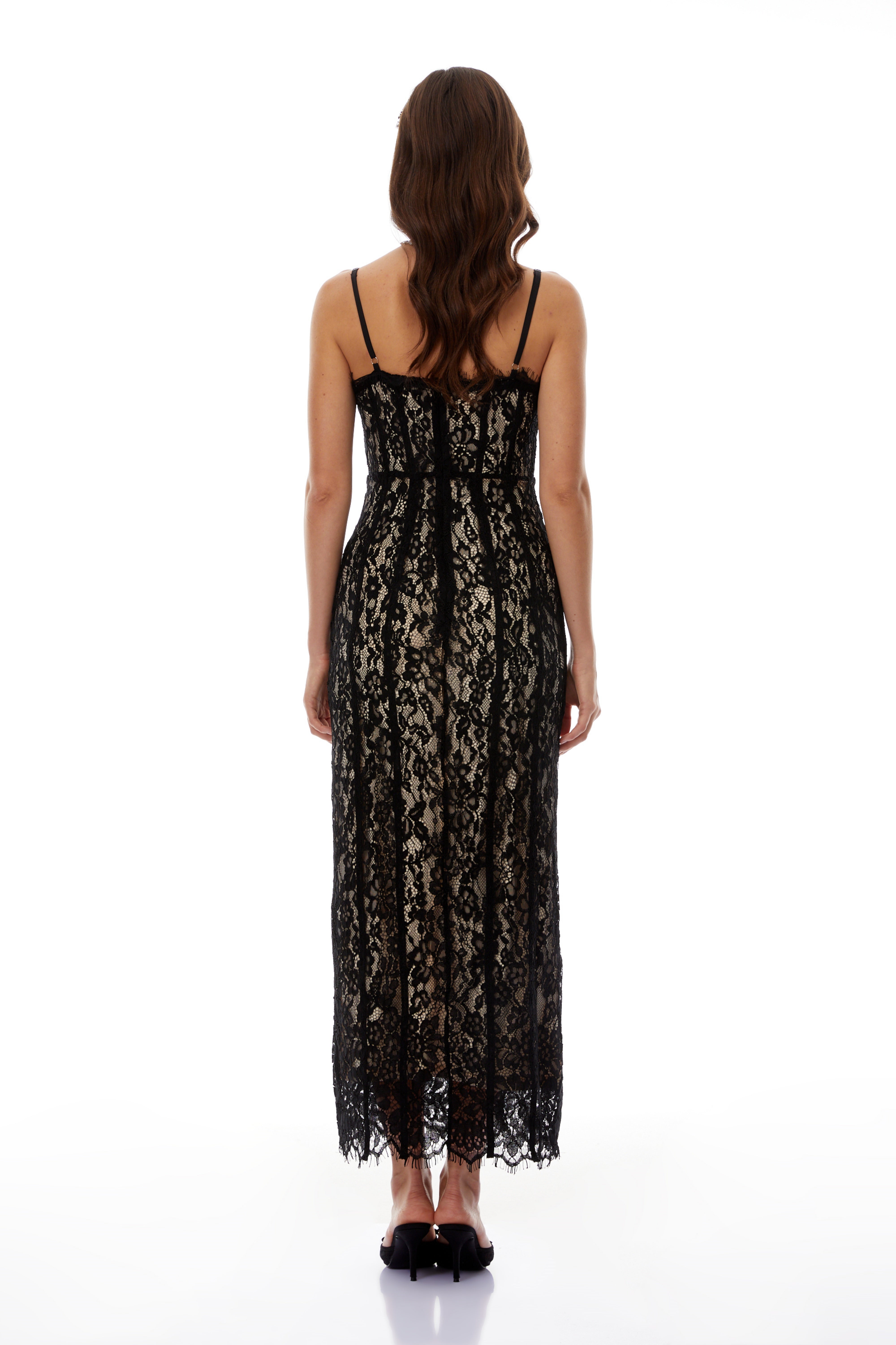 Giorgia Black Floral Lace Corset Maxi Dress