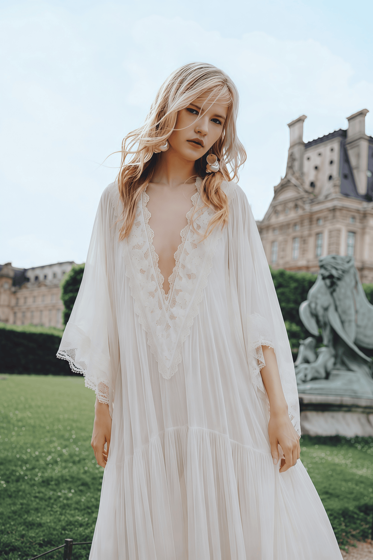 giovanna white v-neck maxi dress with lace trim