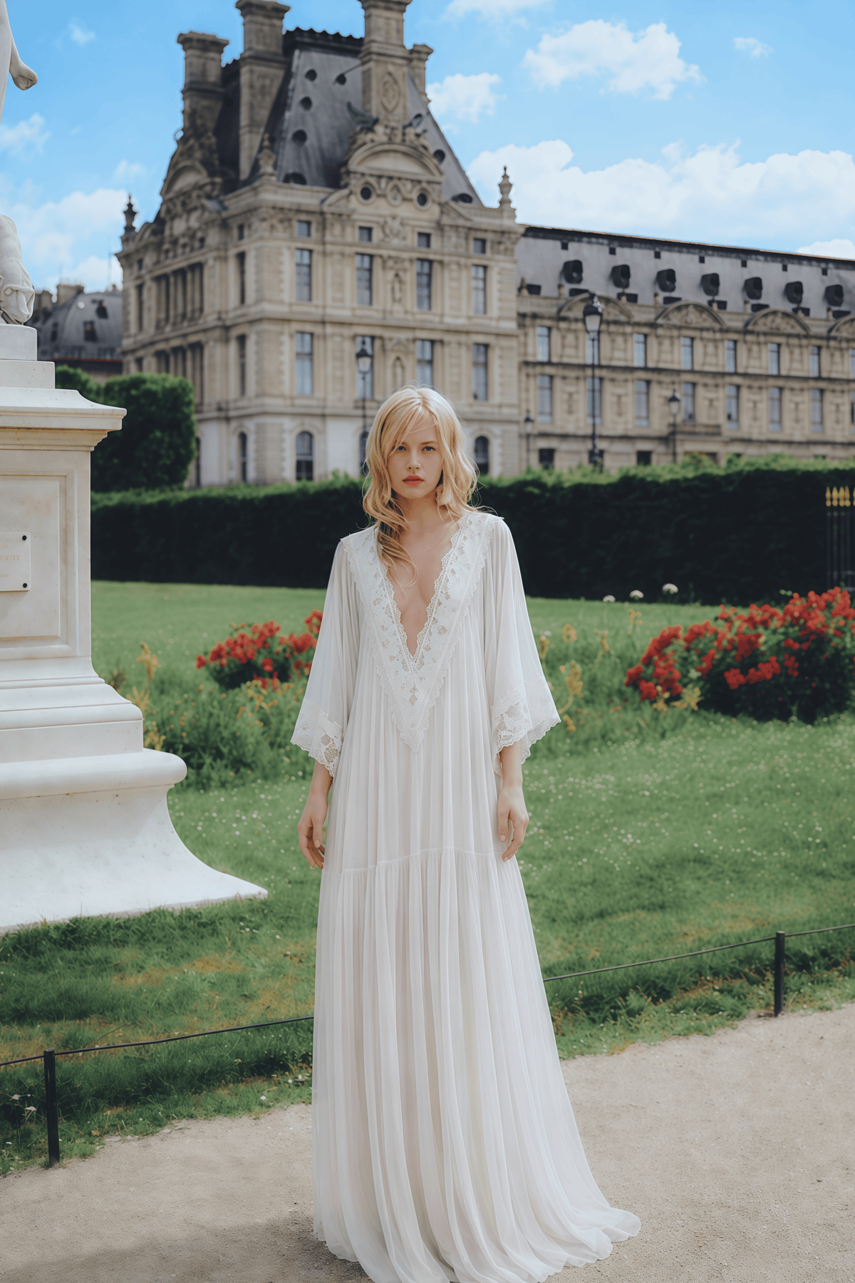 giovanna white v-neck maxi dress with lace trim