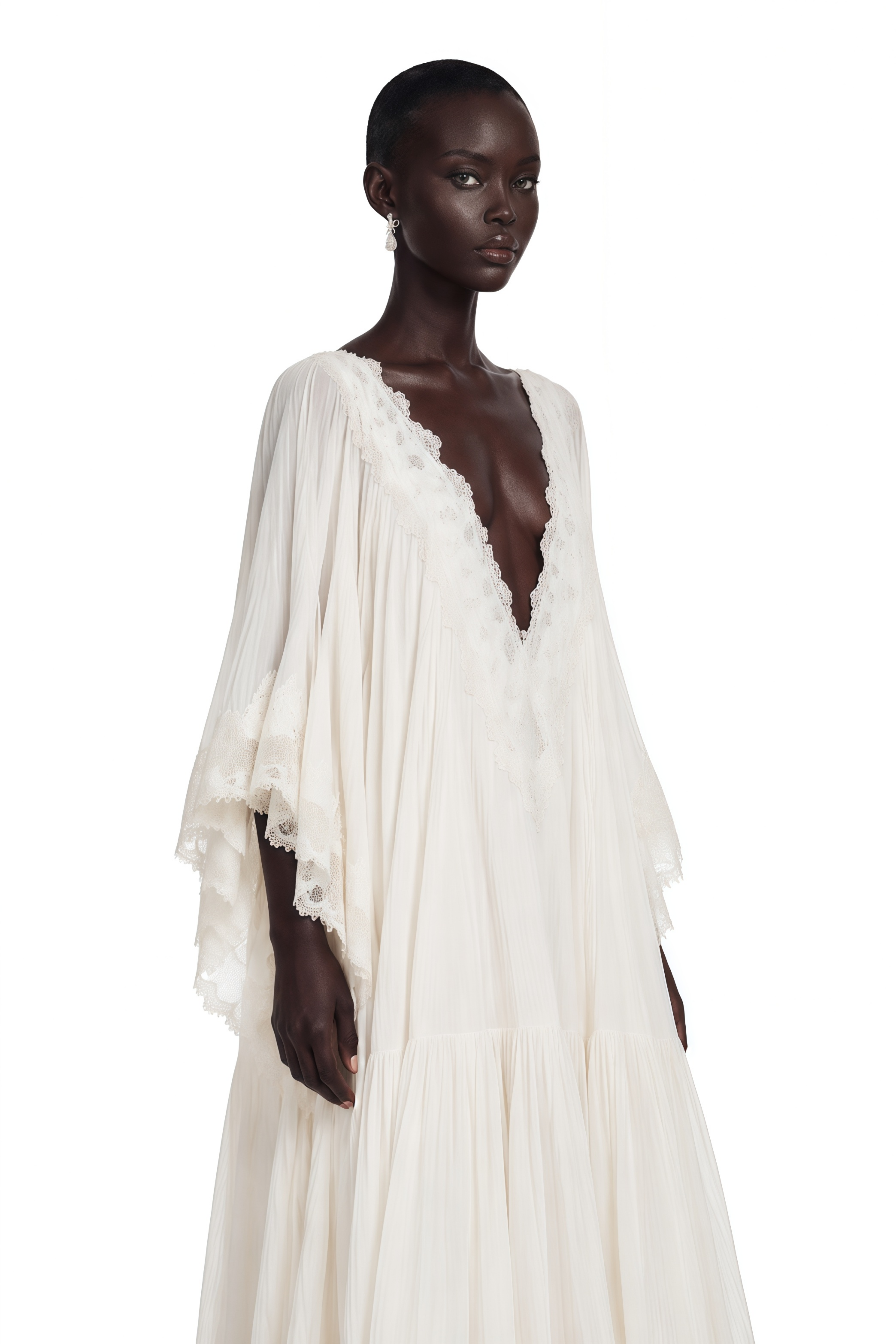 Giovanna White V-Neck Maxi Dress with Lace Trim