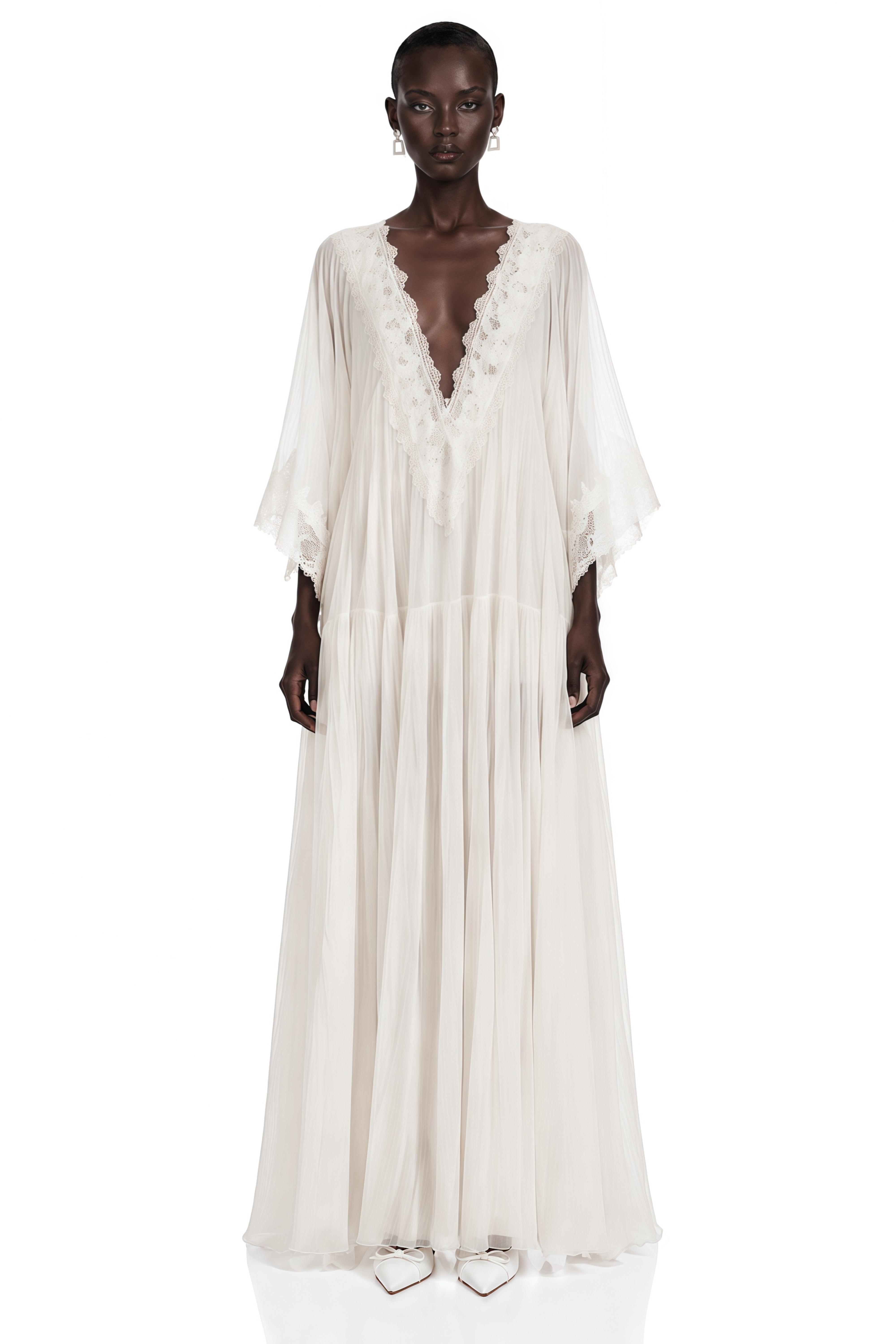 Giovanna White V-Neck Maxi Dress with Lace Trim