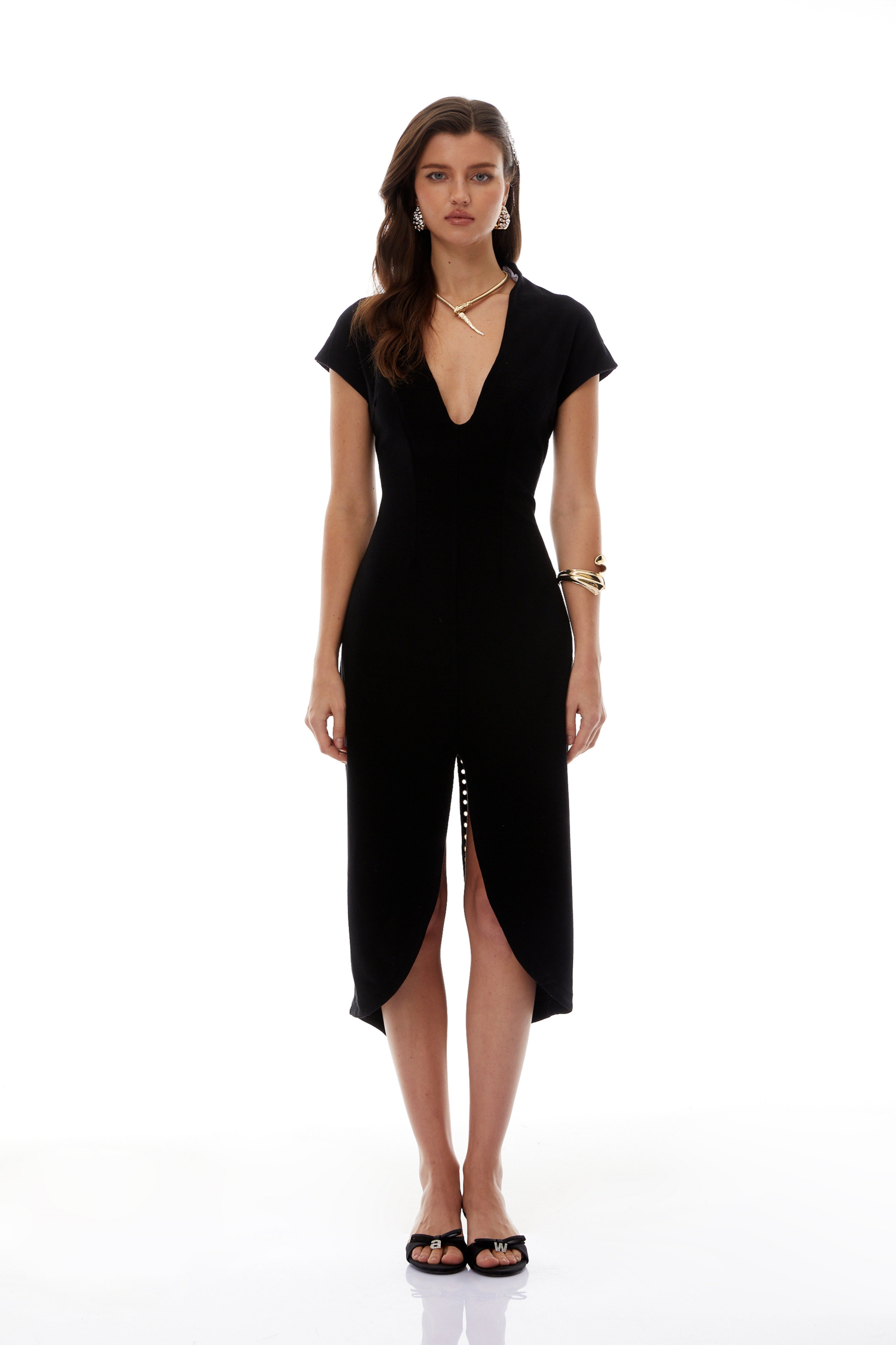 Gisela Black Deep V-Neck Self-Tie Midi Dress