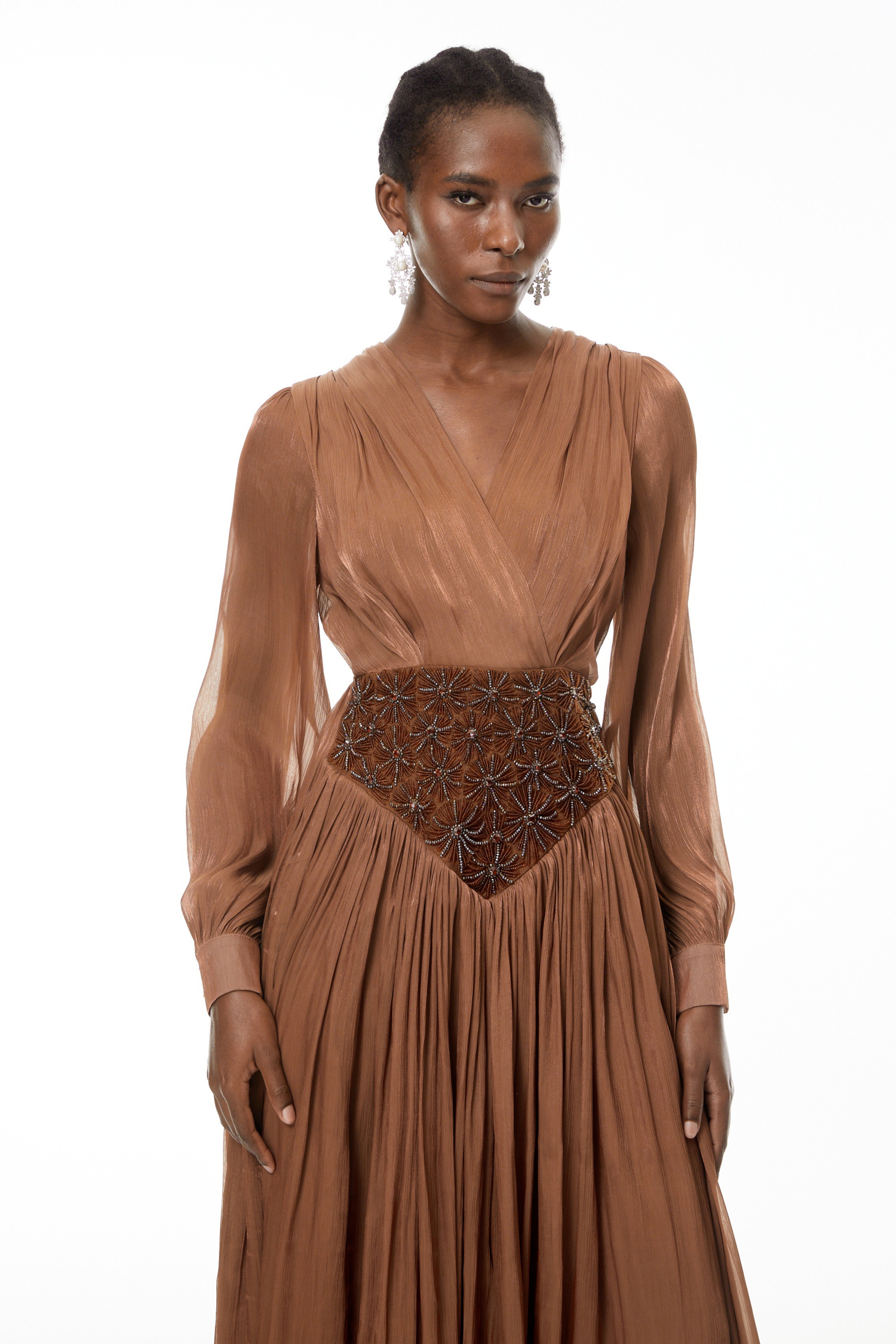 Gisela Brown Embroidered Ruched Maxi Dress (Final Sale-US Only)