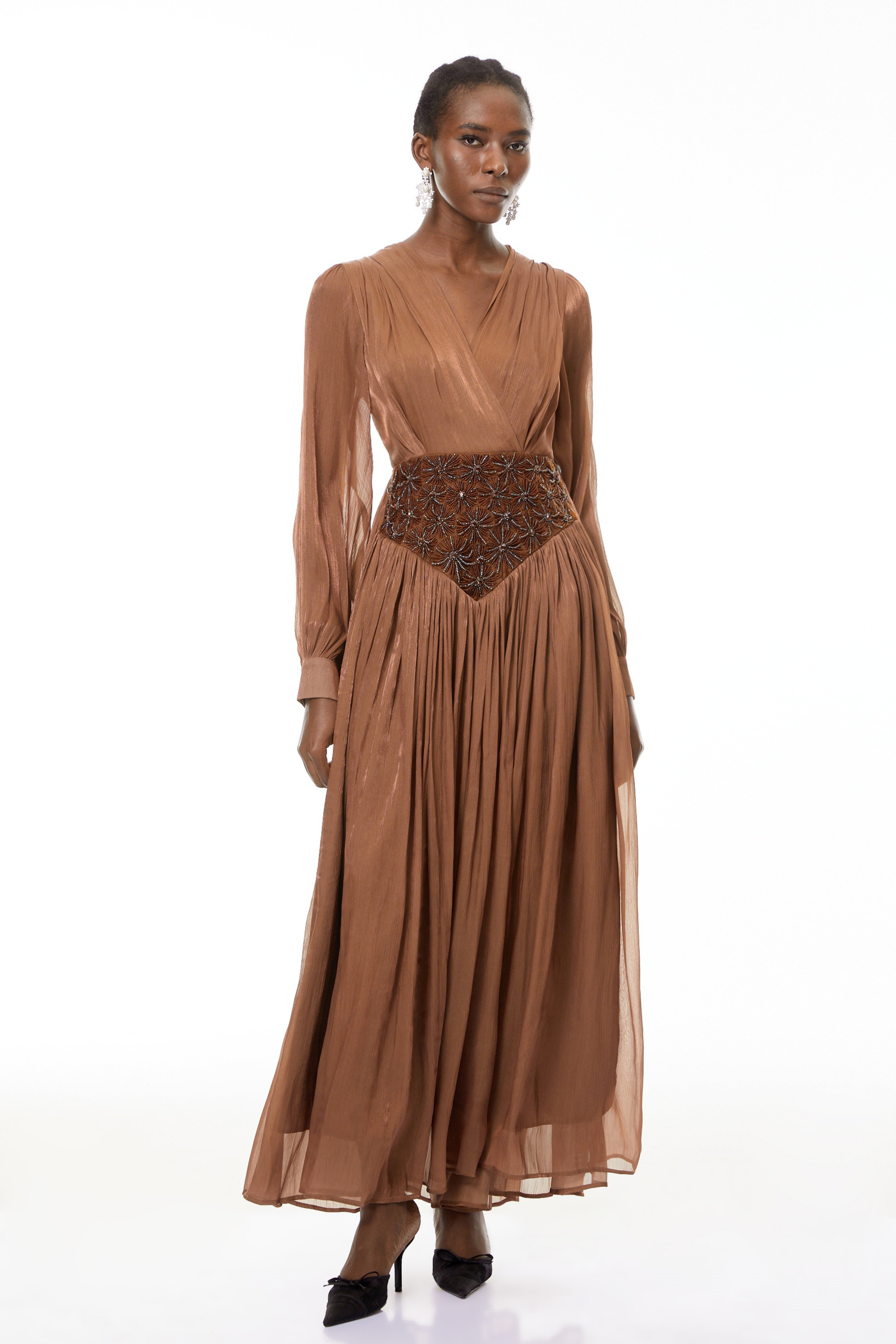 Gisela Brown Embroidered Ruched Maxi Dress (Final Sale-US Only)