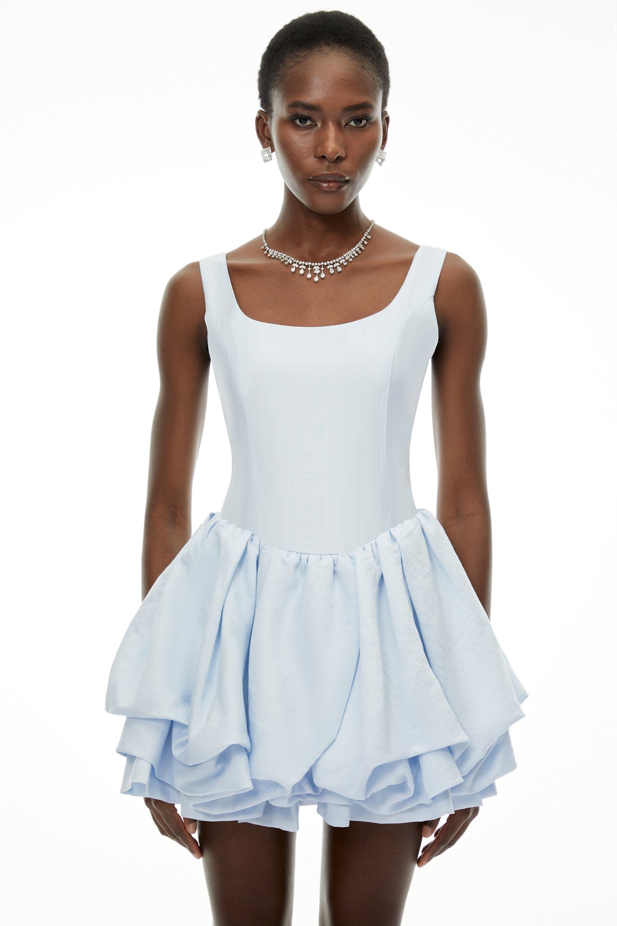 Giselle Dusty Blue Square Neck Tiered Mini Dress (Final Sale)
