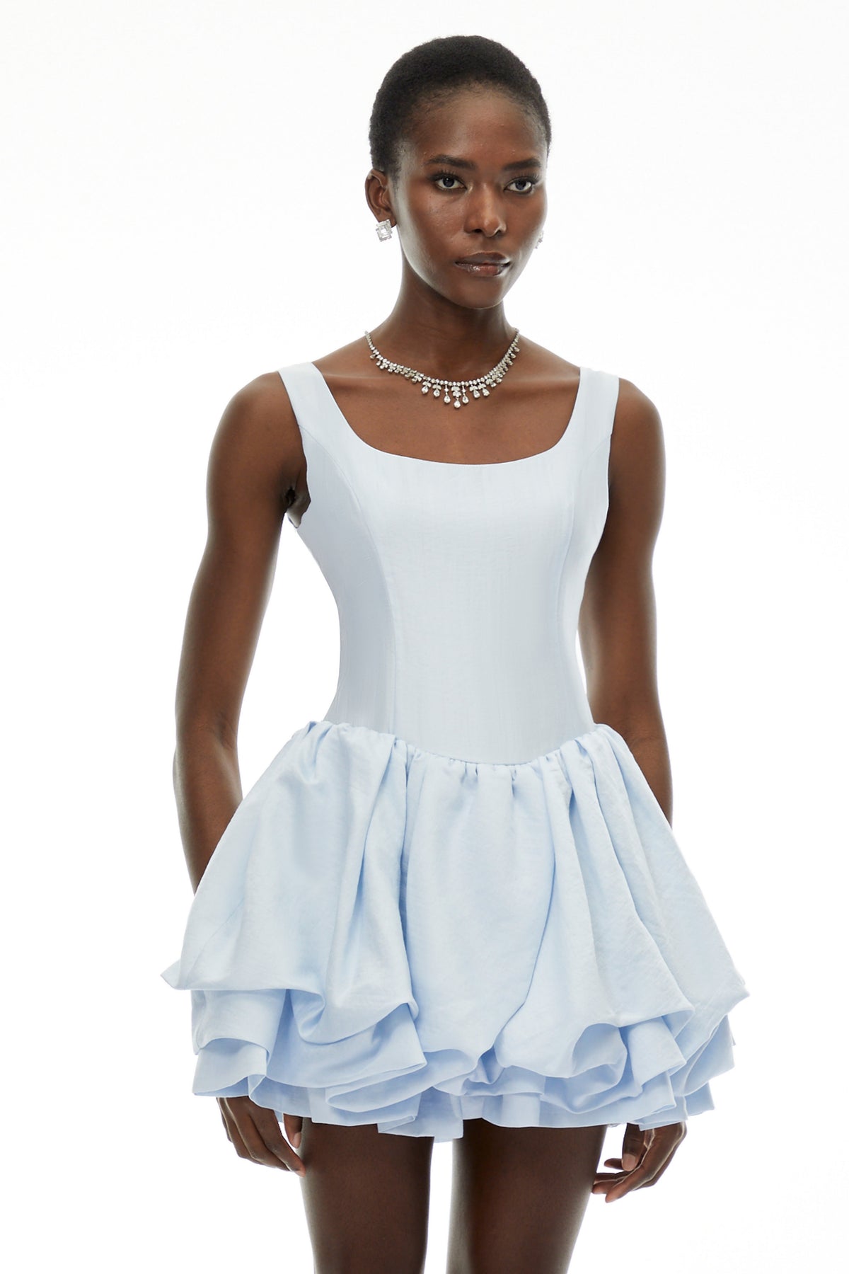 Giselle Dusty Blue Square Neck Tiered Mini Dress (Final Sale)