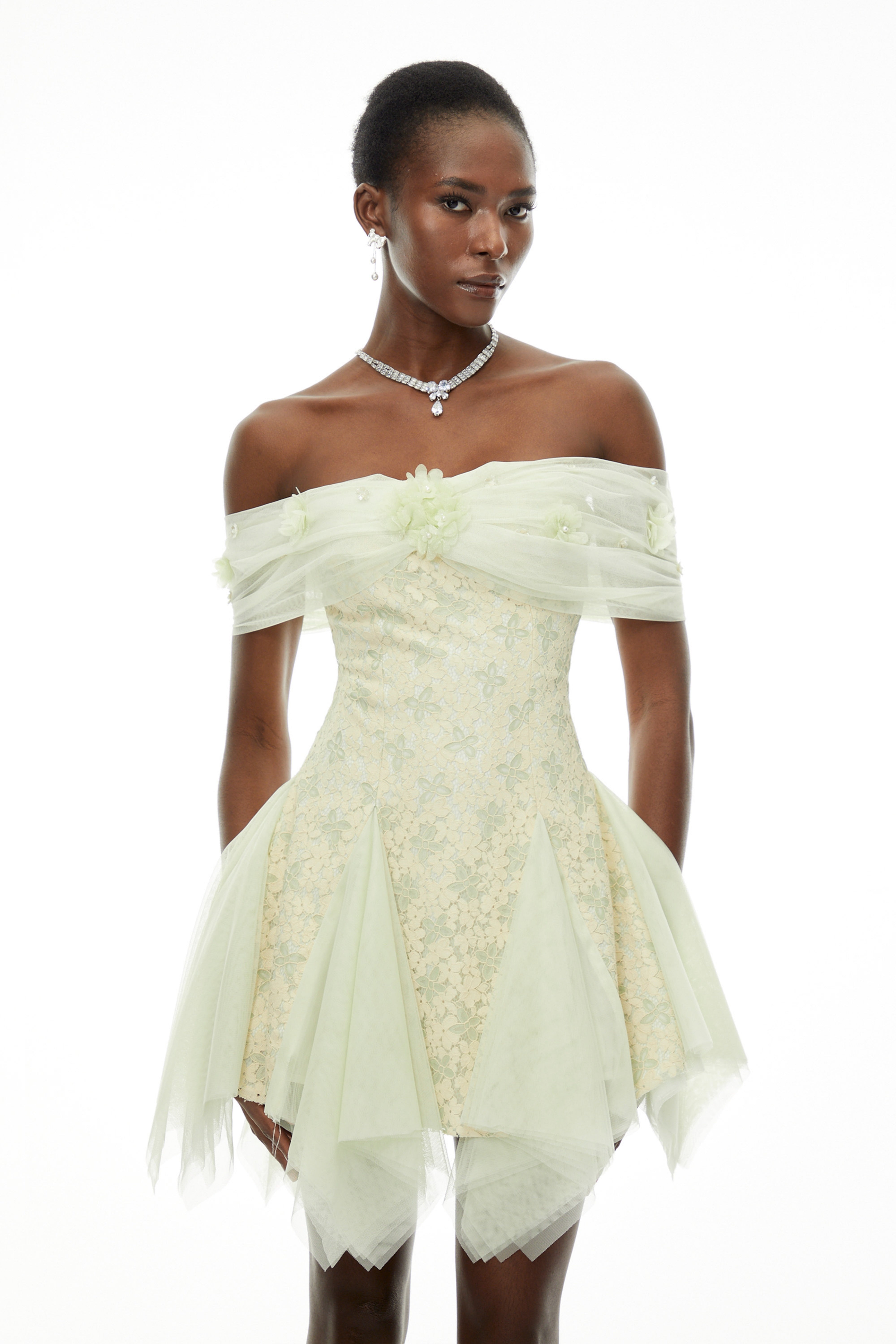 Giselle Green Off Shoulder Butterfly Print Mini Dress