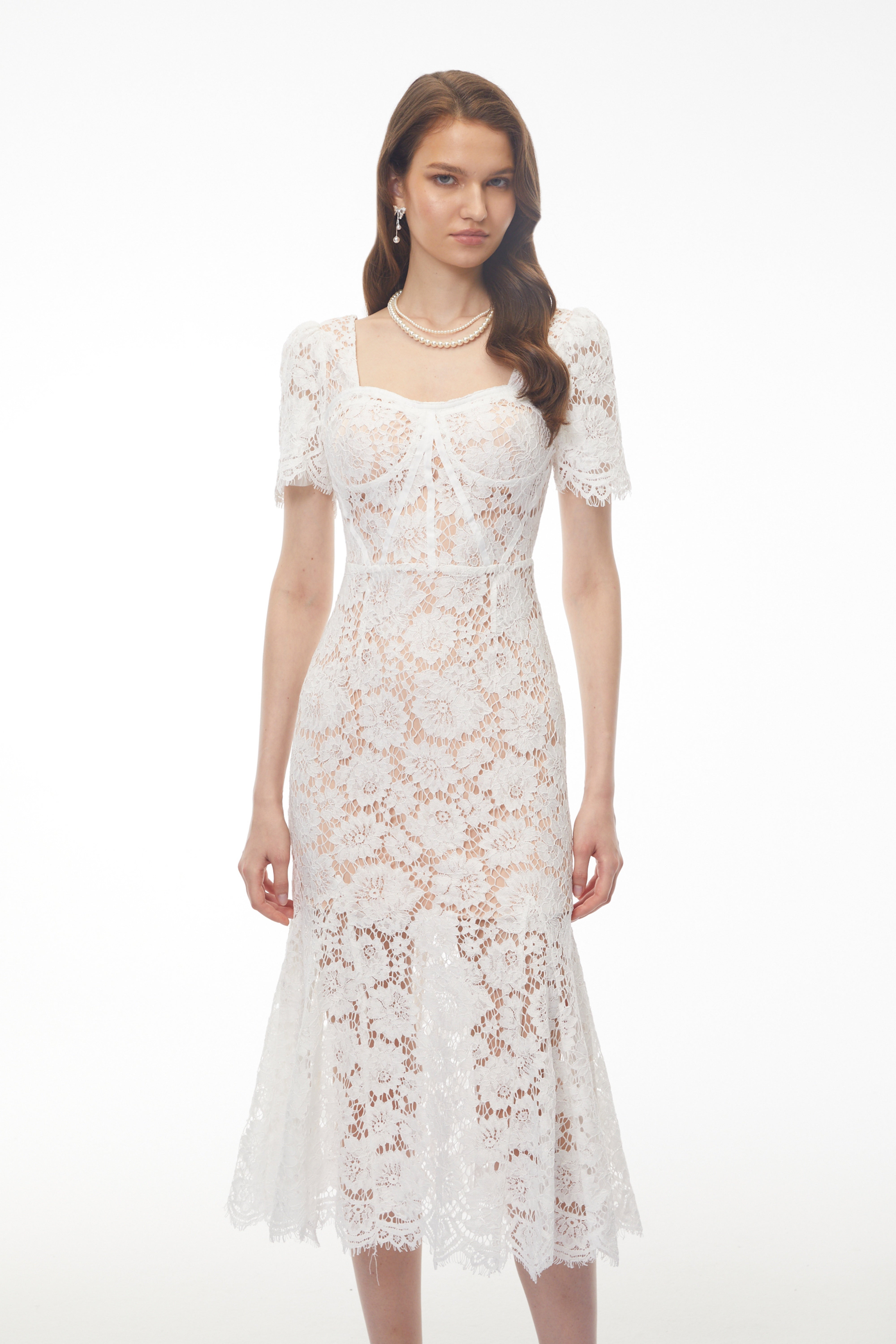 Giselle White Puff Sleeve Floral Lace Midi Dress