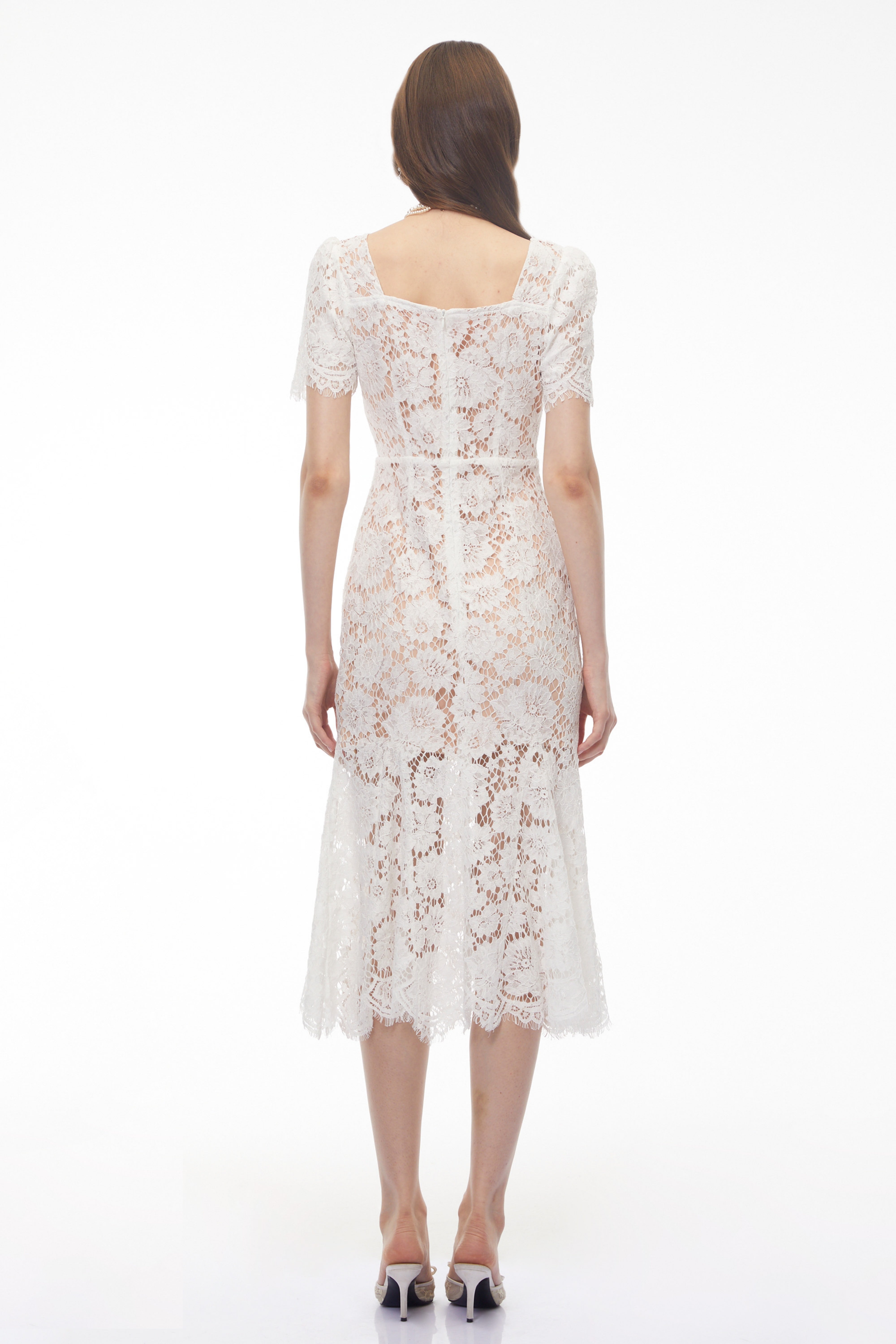 Giselle White Puff Sleeve Floral Lace Midi Dress
