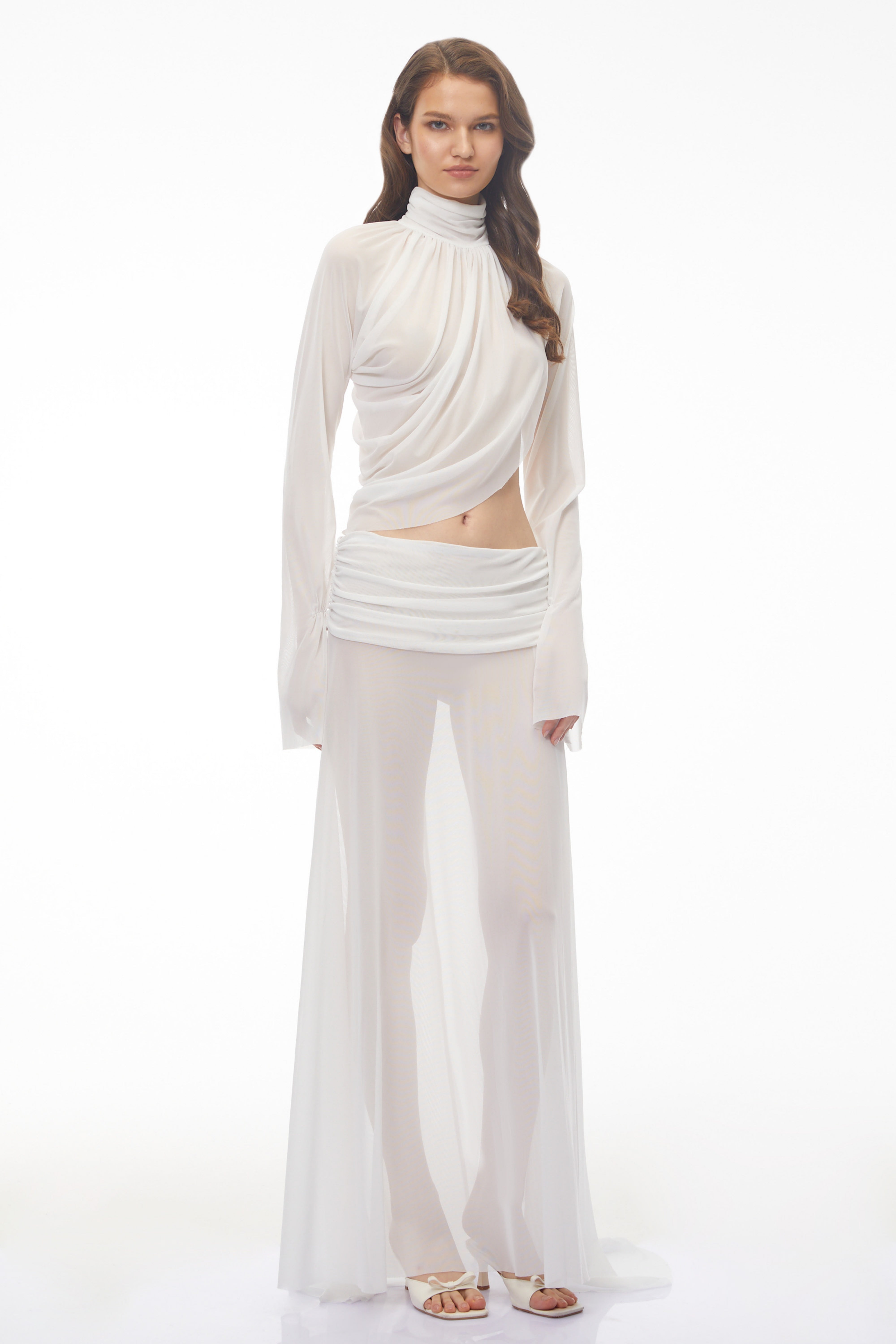 Giuseppina White High Neck Cut-Out Top & Skirt Set