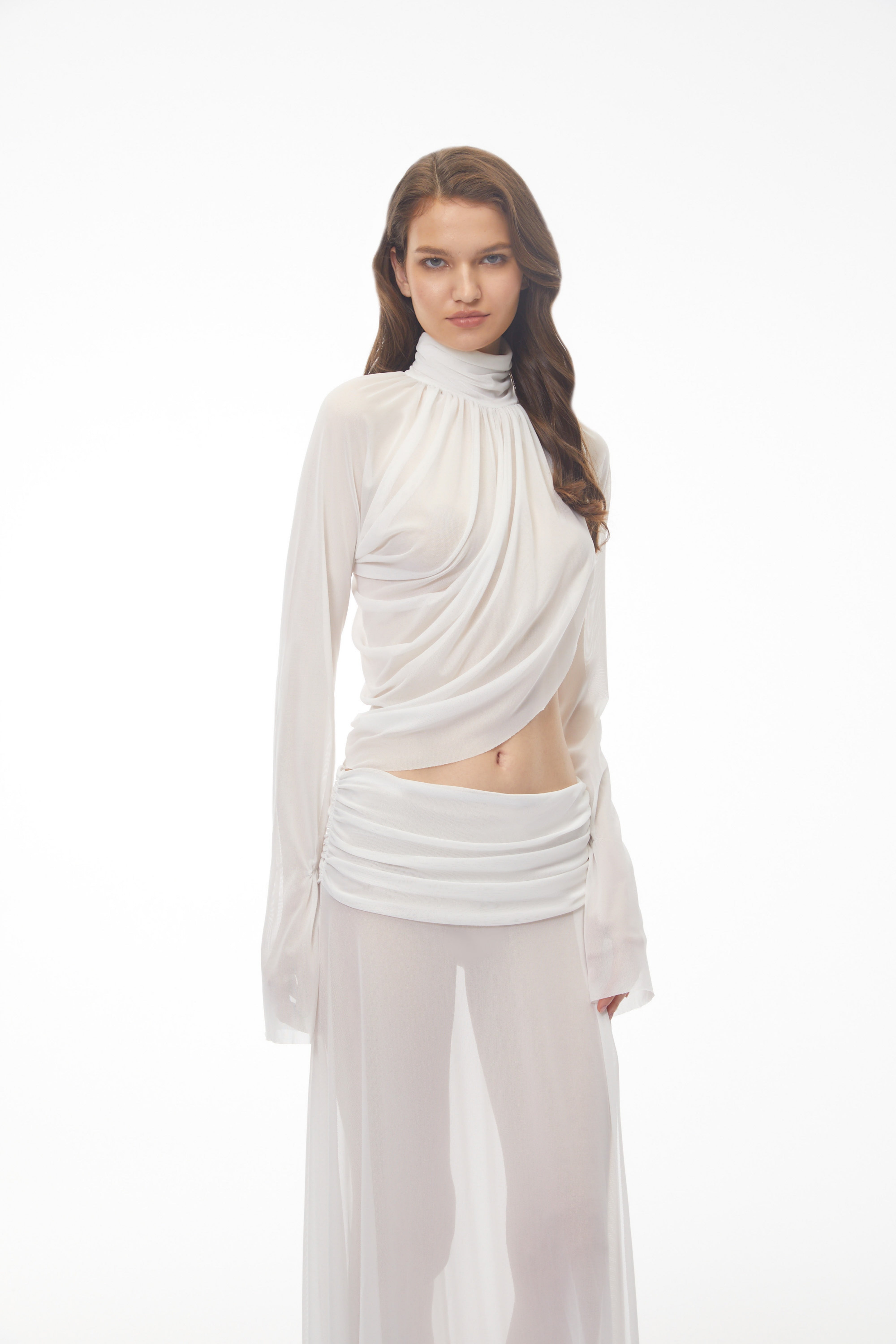 Giuseppina White High Neck Cut-Out Top & Skirt Set