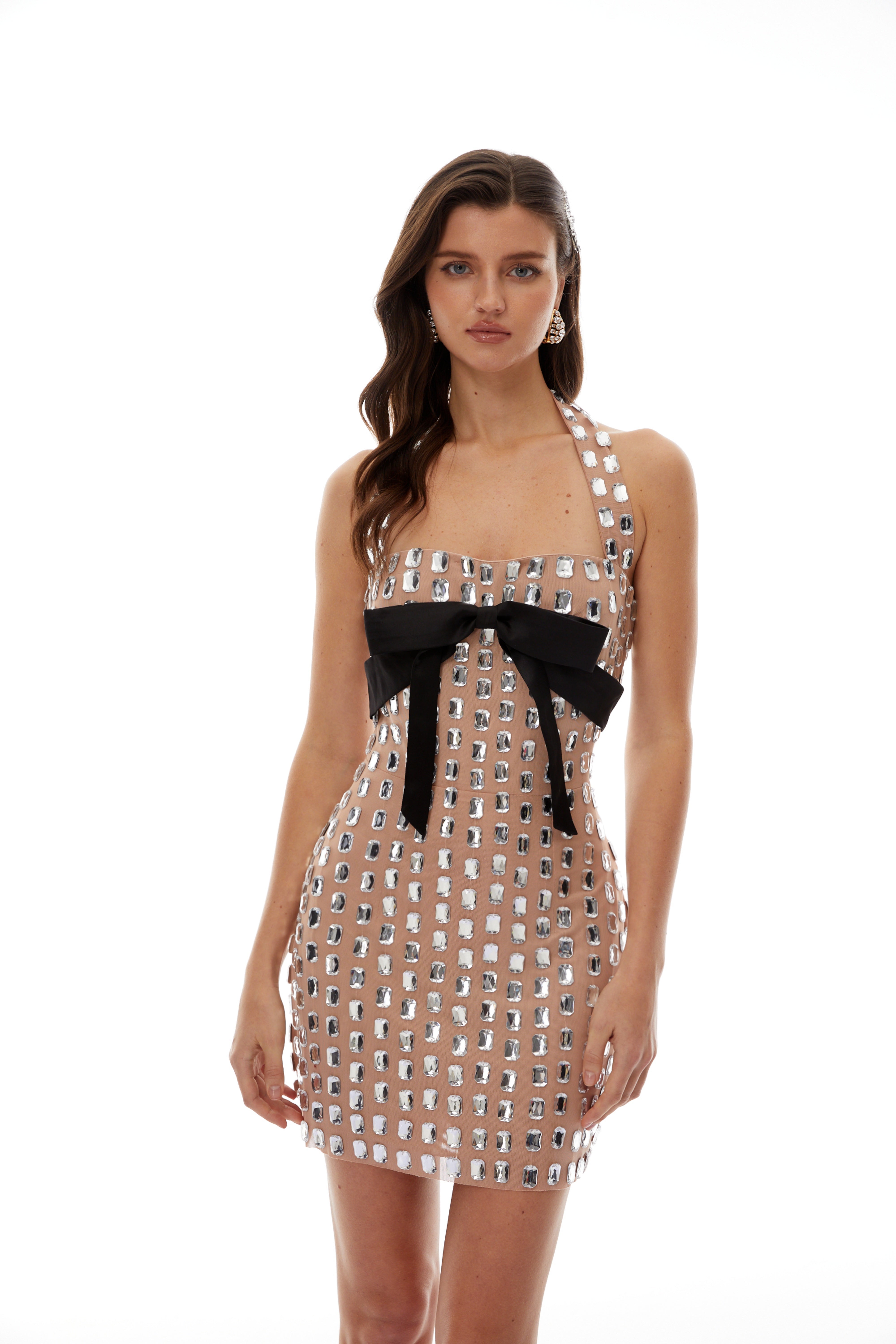 Giustina Silver Halterneck Bowknot Crystal Mini Dress (Final Sale-US Only)