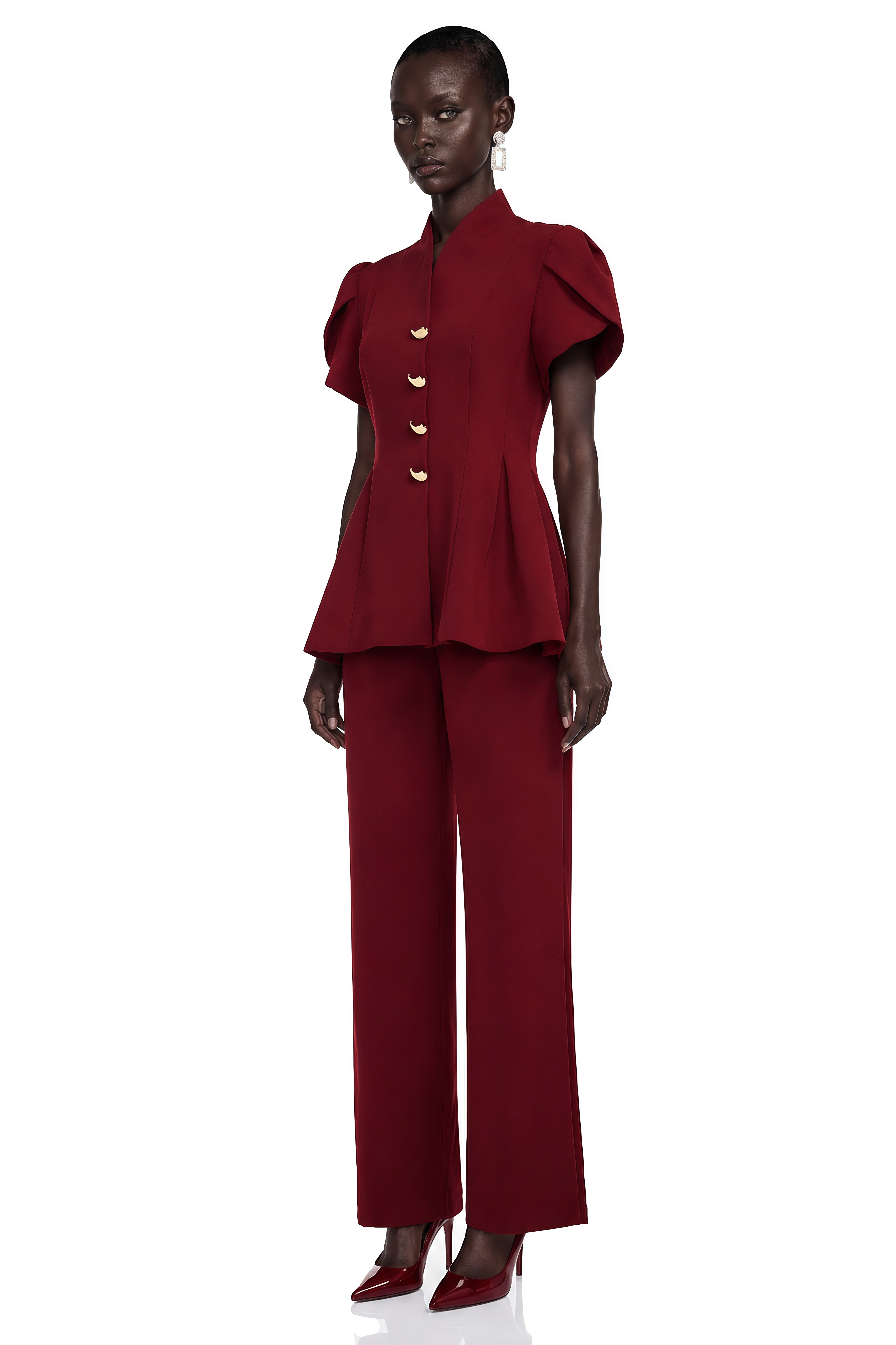 Gloria Red Puff Sleeves Blouse & Trousers Set