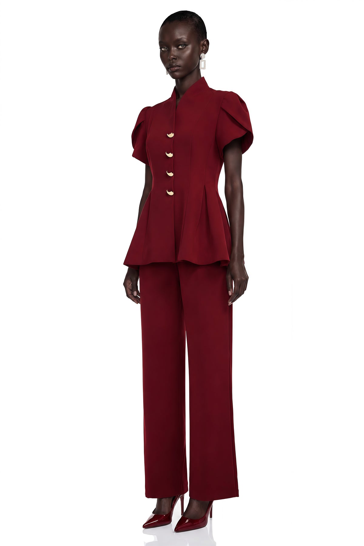 Gloria Red Puff Sleeves Blouse & Trousers Set