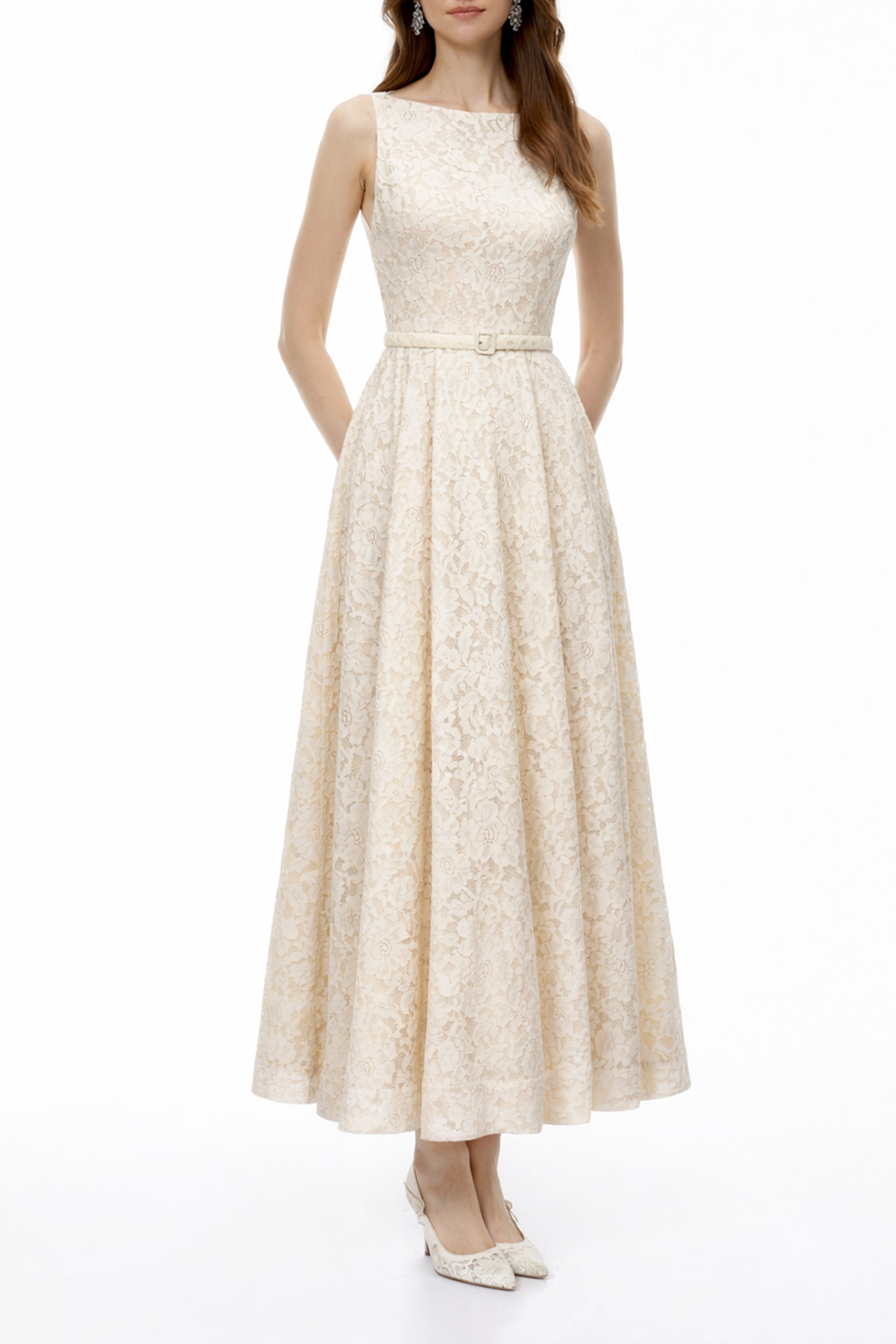 Golnar White Sleeveless Floral Lace Maxi Dress