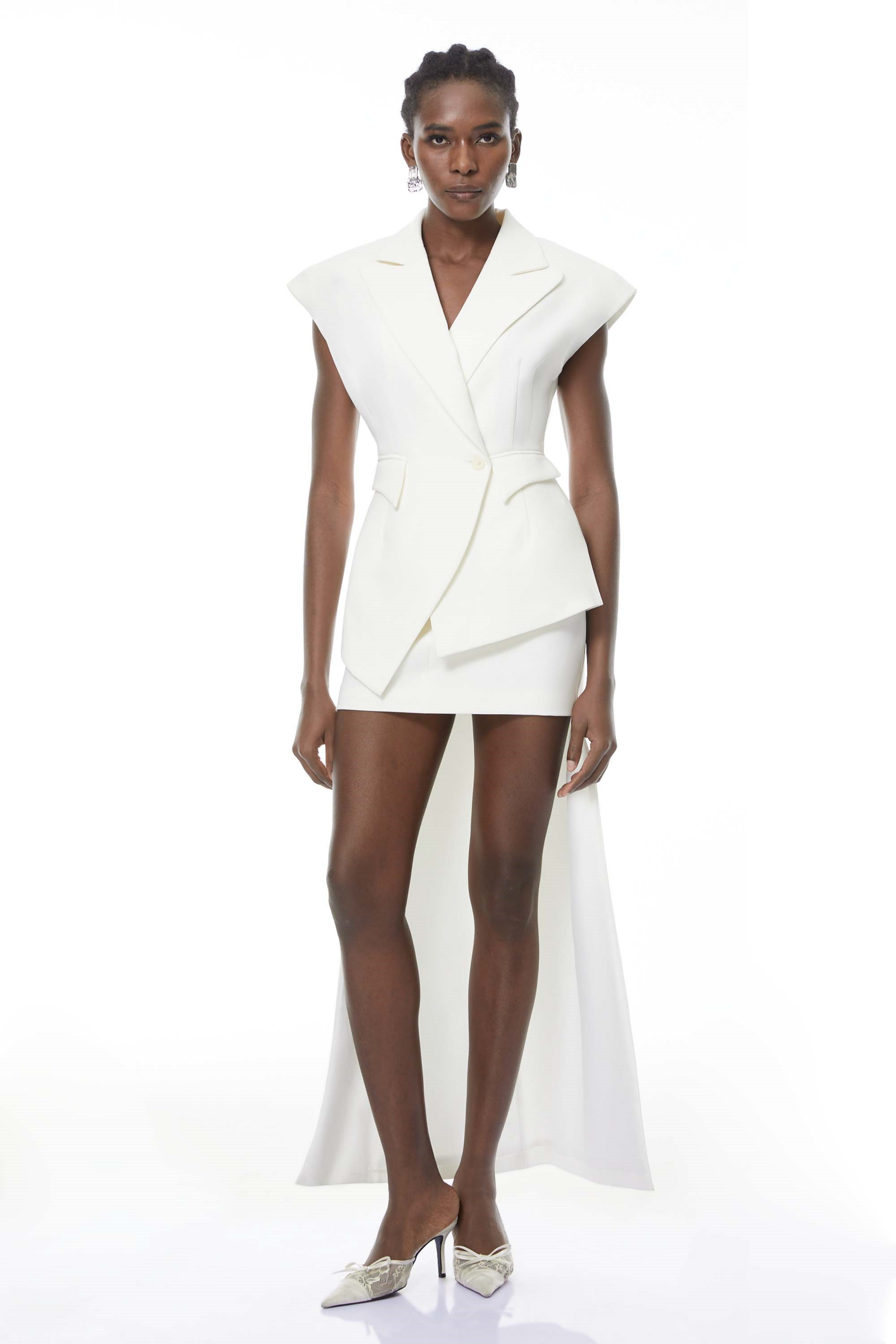 Grace White Asymmetrical Blazer & Skirt Set