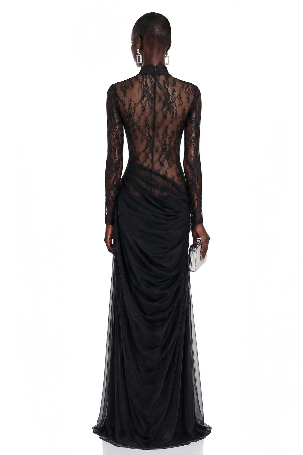 gracie black ruched maxi dress with lace panels
