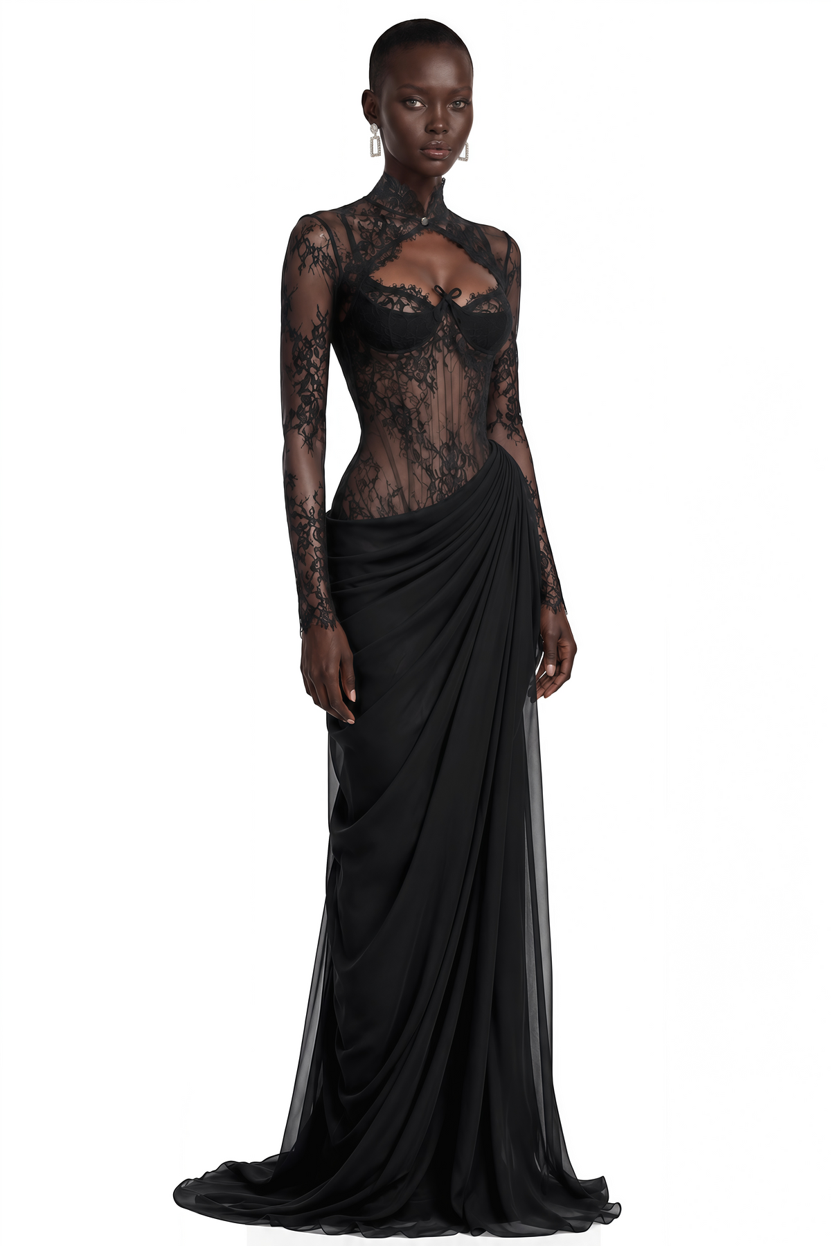 gracie black ruched maxi dress with lace panels