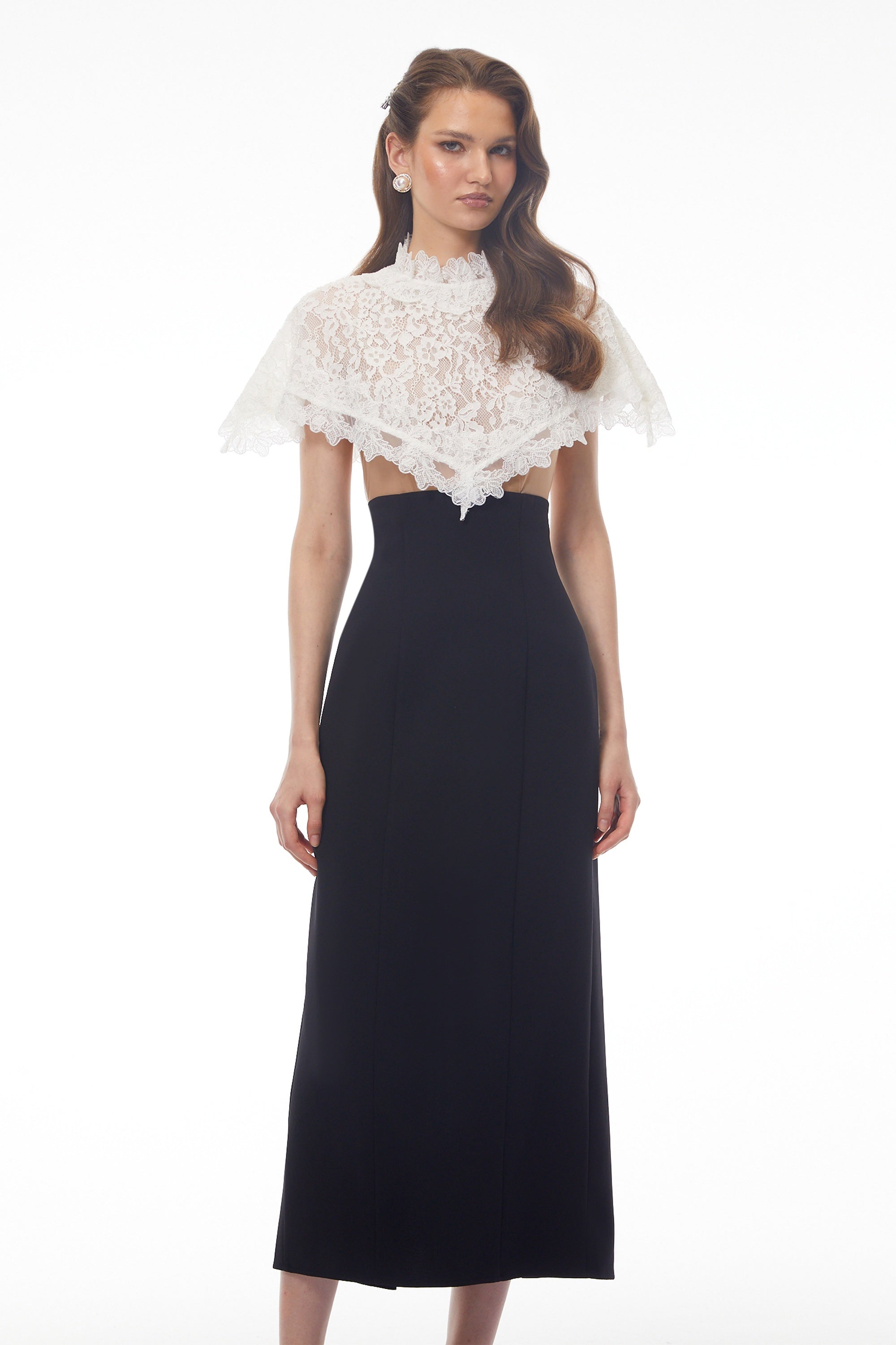 Greta Black Round Neck Lace Cape Maxi Dress