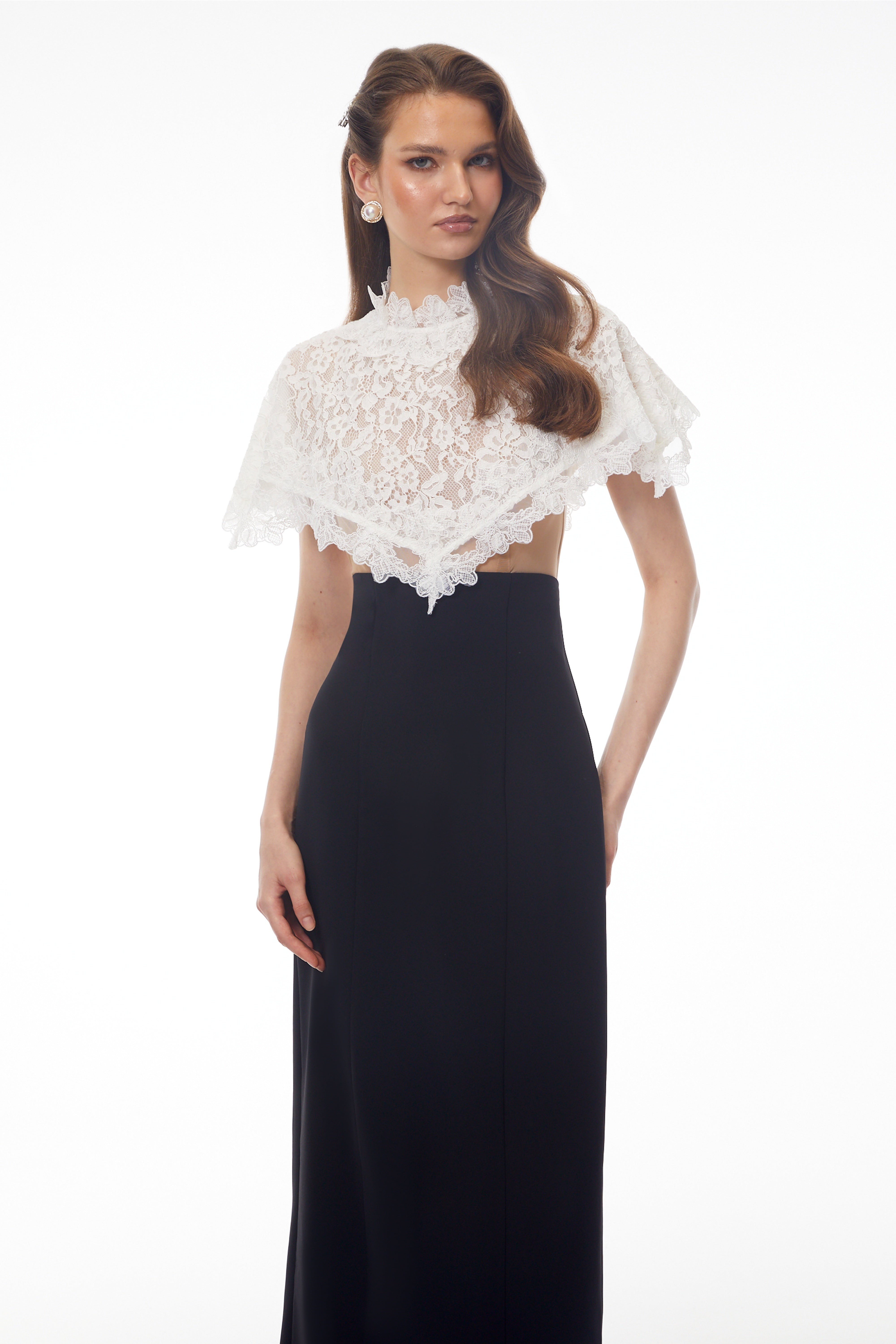 Greta Black Round Neck Lace Cape Maxi Dress