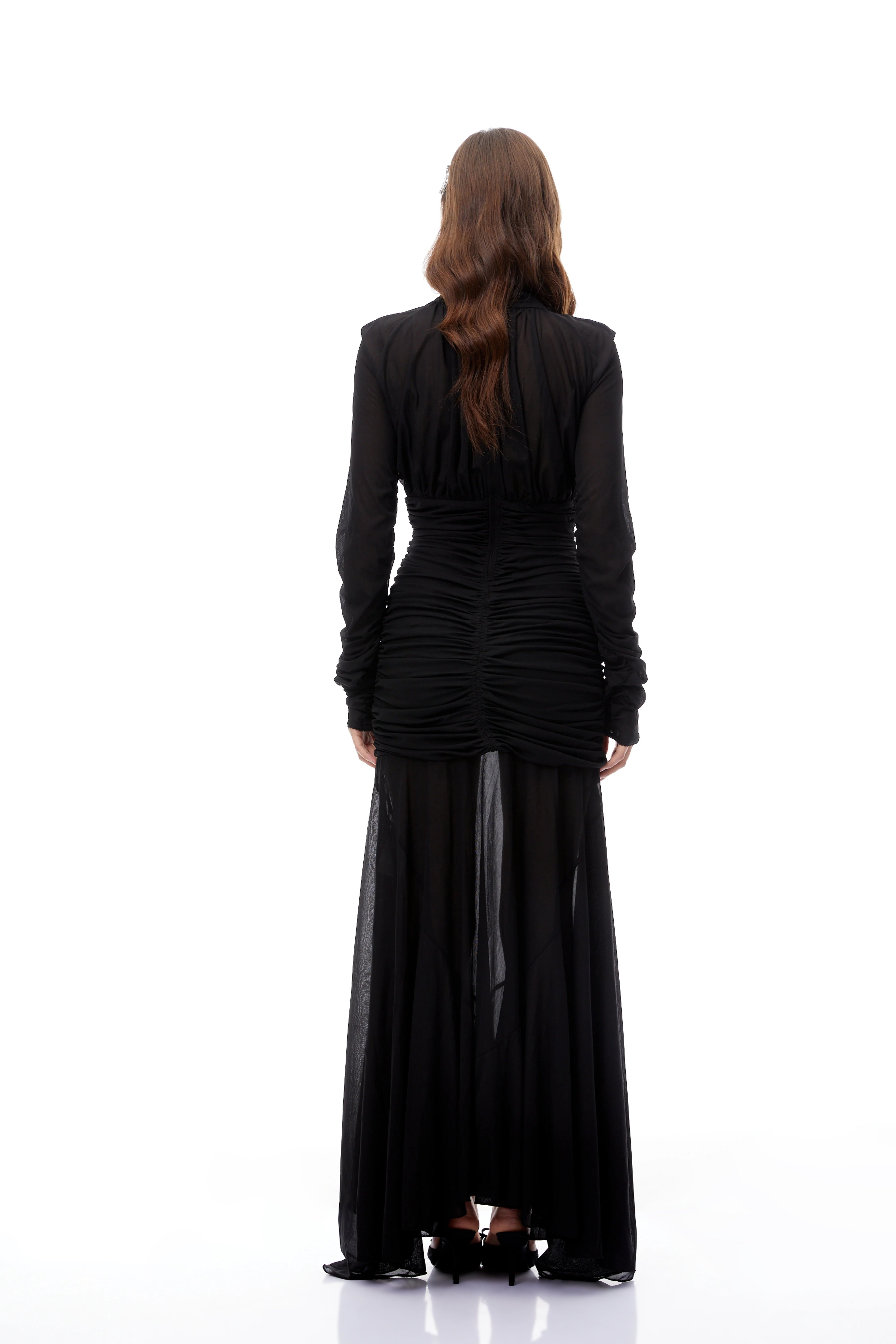 Greta Black Ruched Sheer Mesh Maxi Dress (Final Sale)