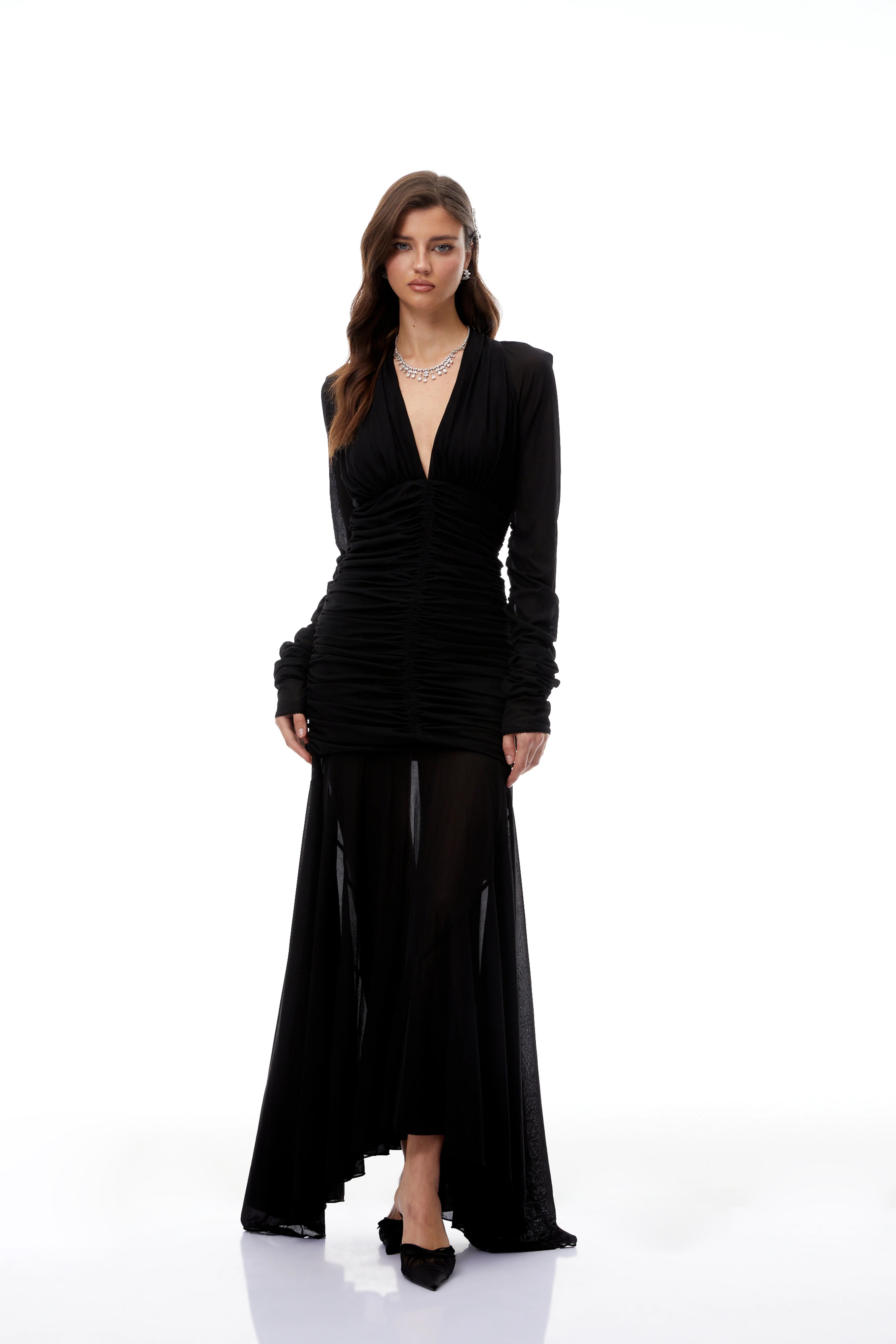 Greta Black Ruched Sheer Mesh Maxi Dress (Final Sale)