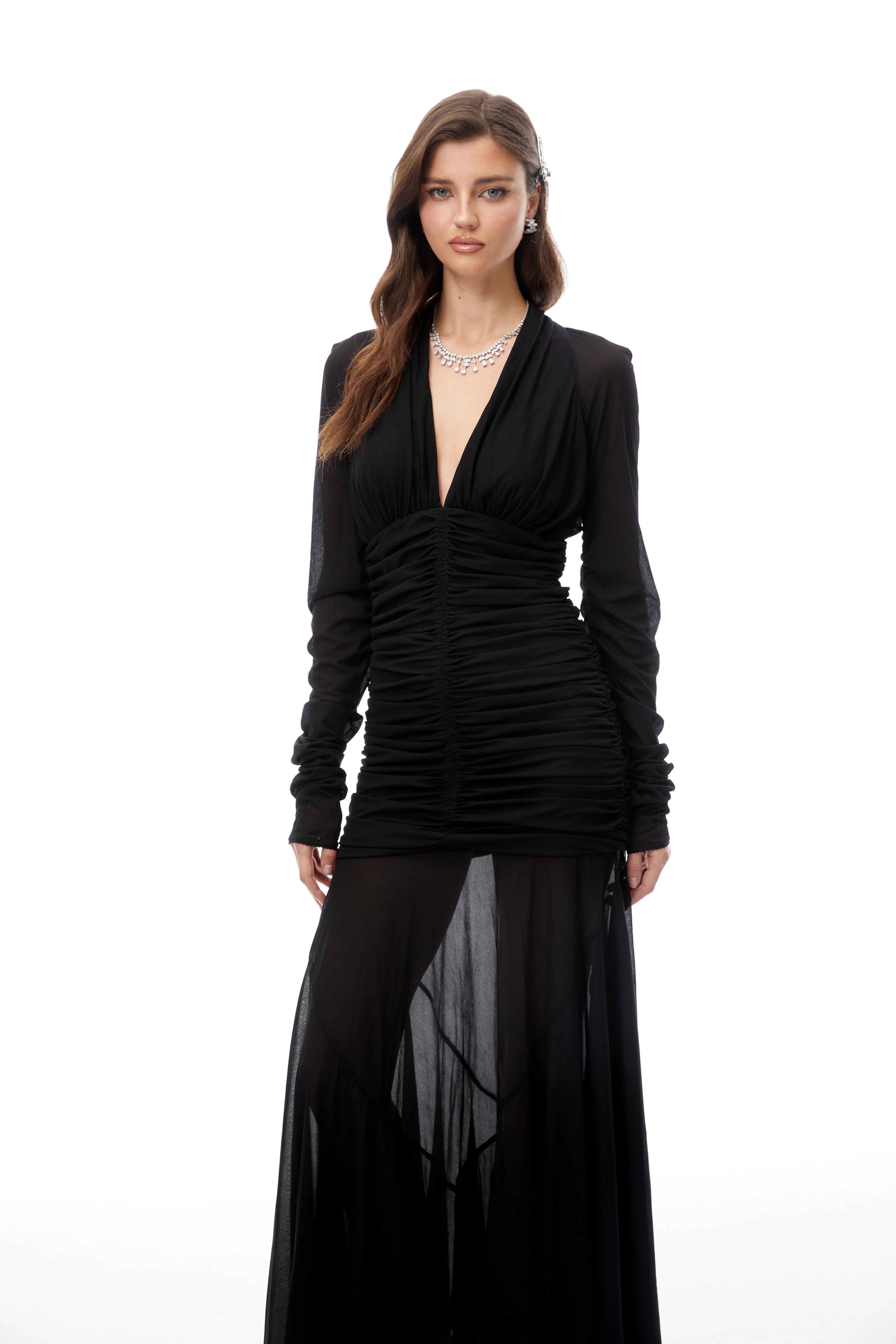 Greta Black Ruched Sheer Mesh Maxi Dress (Final Sale)