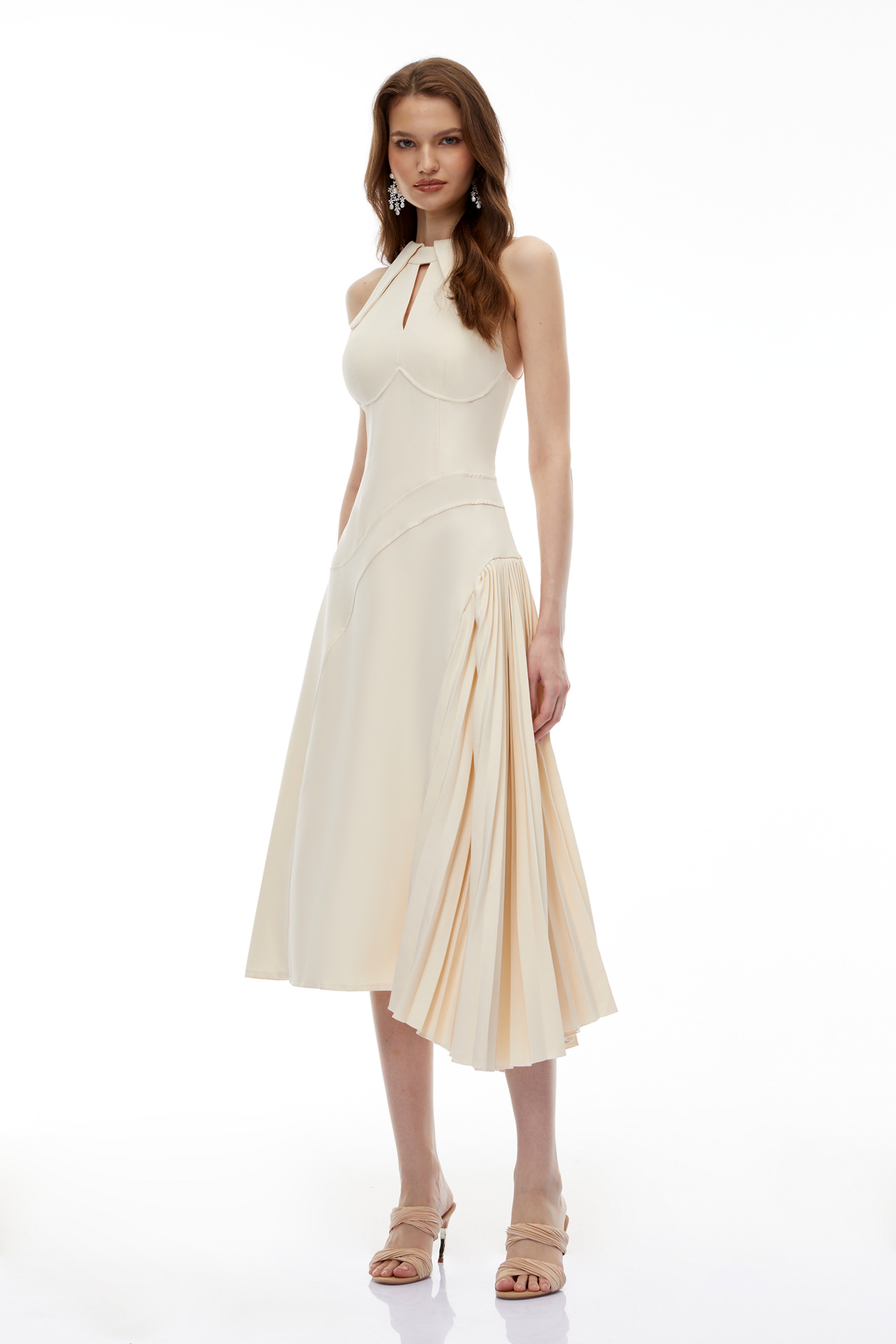 Griselda Neutral Halterneck Ruched Midi Dress (Final Sale-US Only)