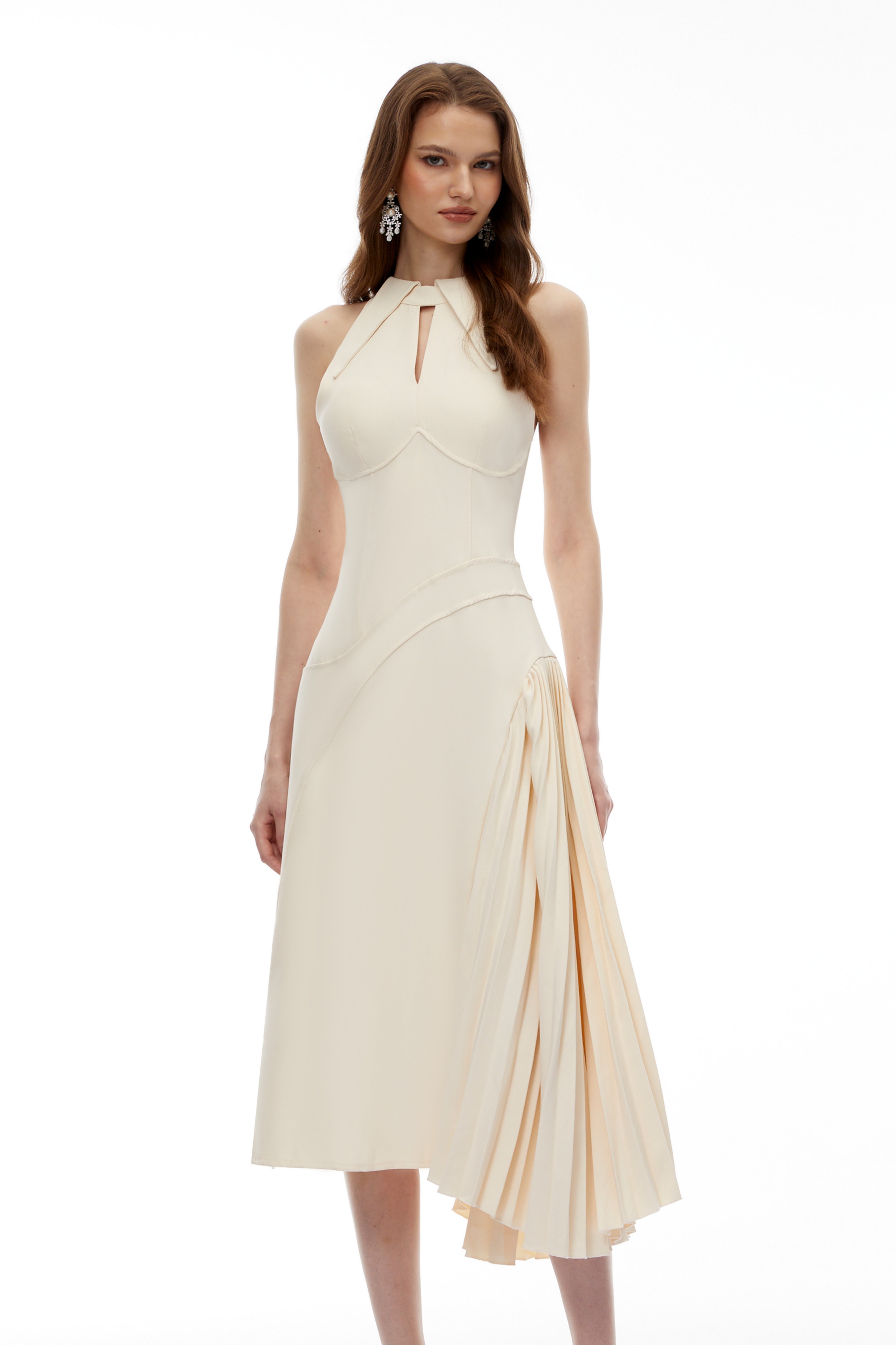 Griselda Neutral Halterneck Ruched Midi Dress (Final Sale-US Only)