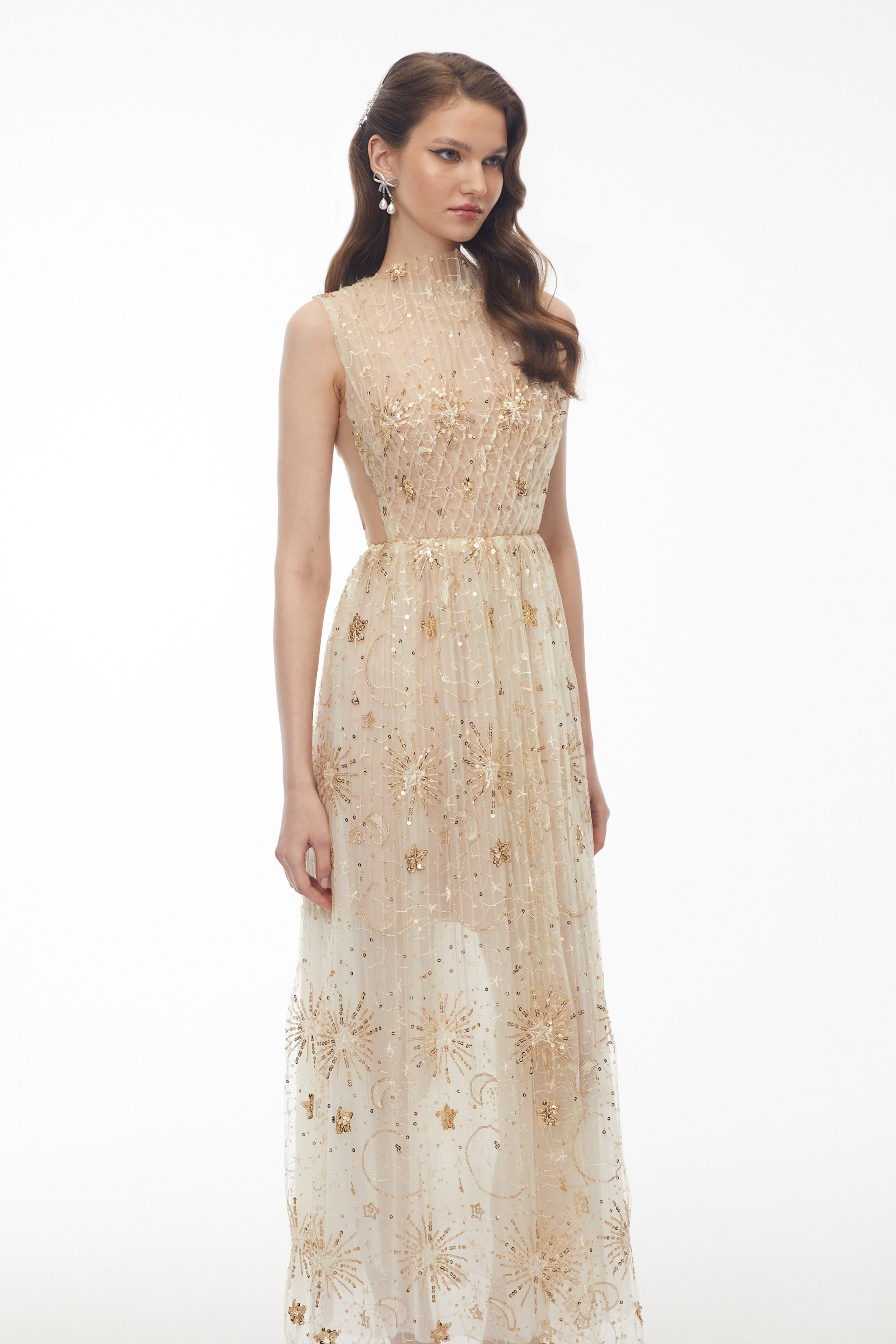 Guadalupe Champagne Sequin Ruched Maxi Dress