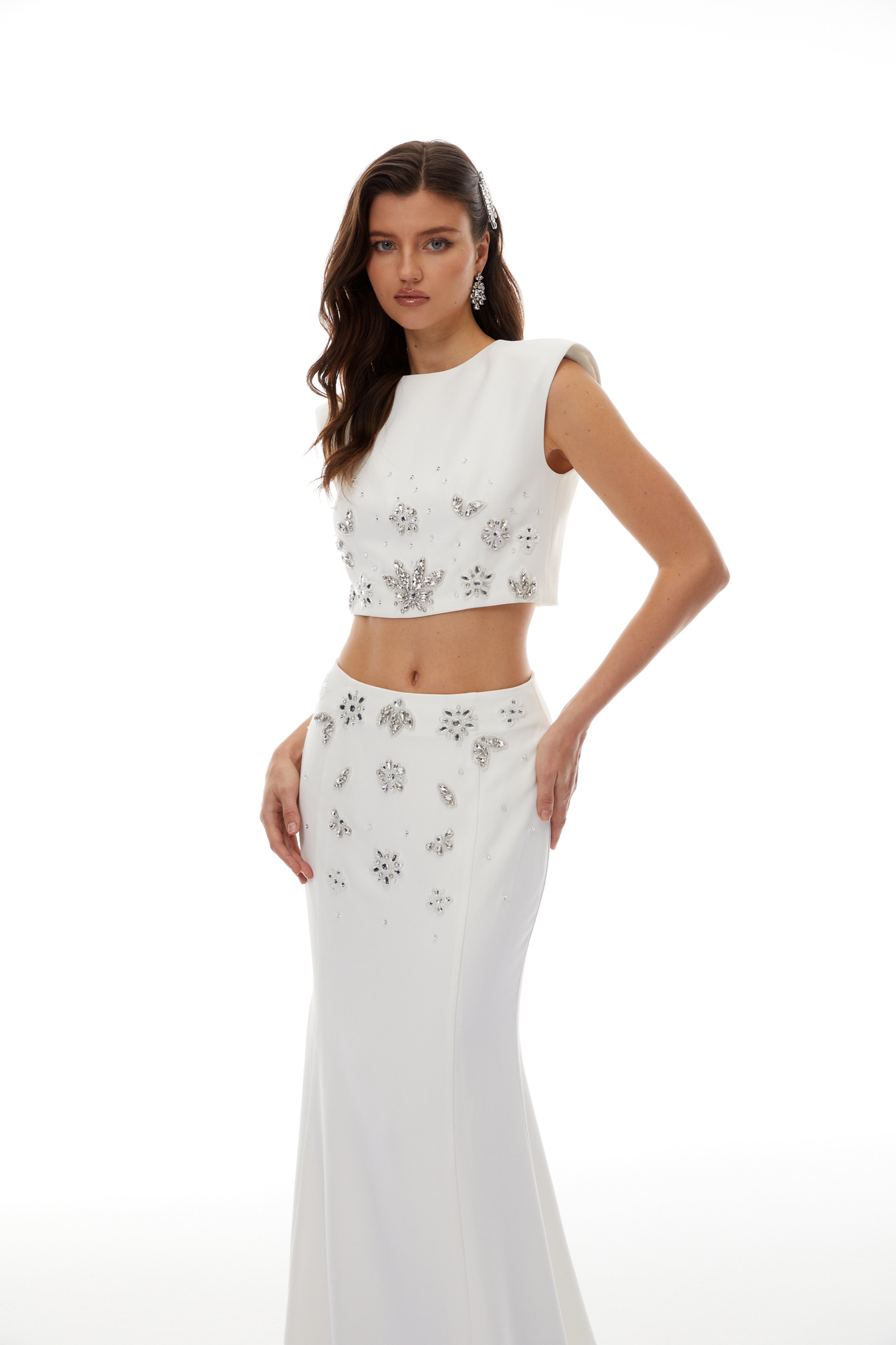Gundula White Embellished Top & Skirt Set
