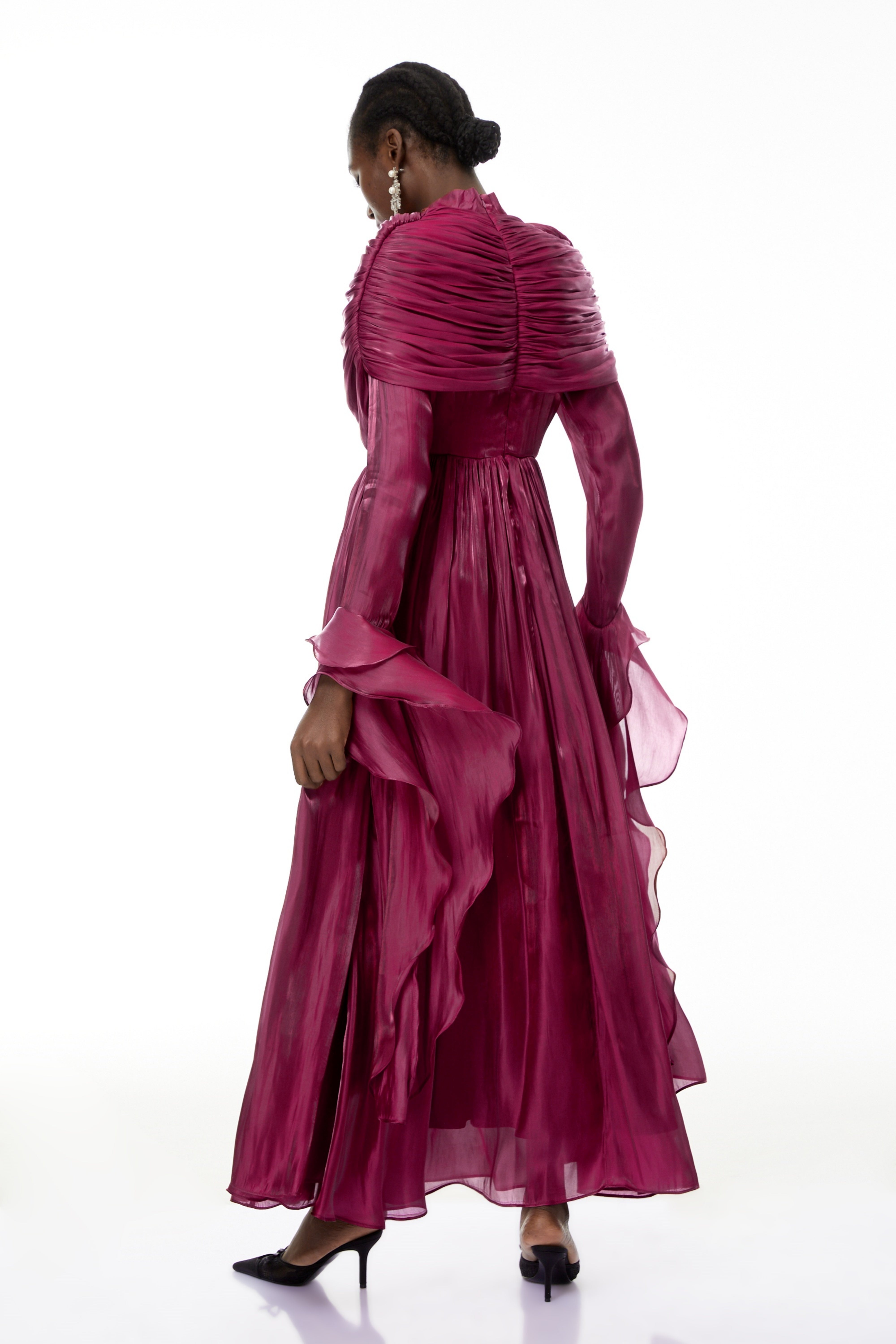 Gustave Burgundy Ruched Cape Ruffled Maxi Dress