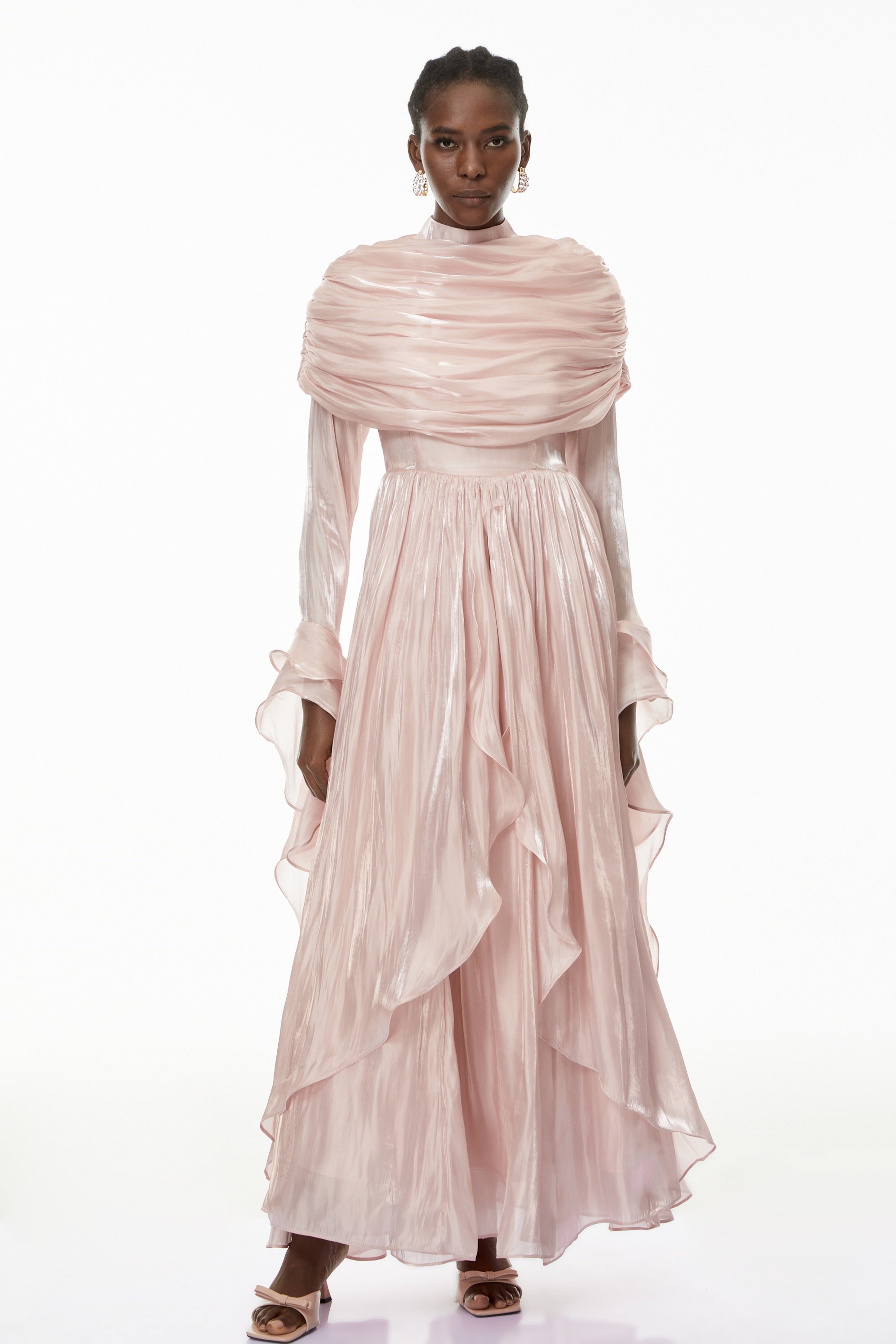 Gustave Pink Ruched Cape Ruffled Maxi Dress