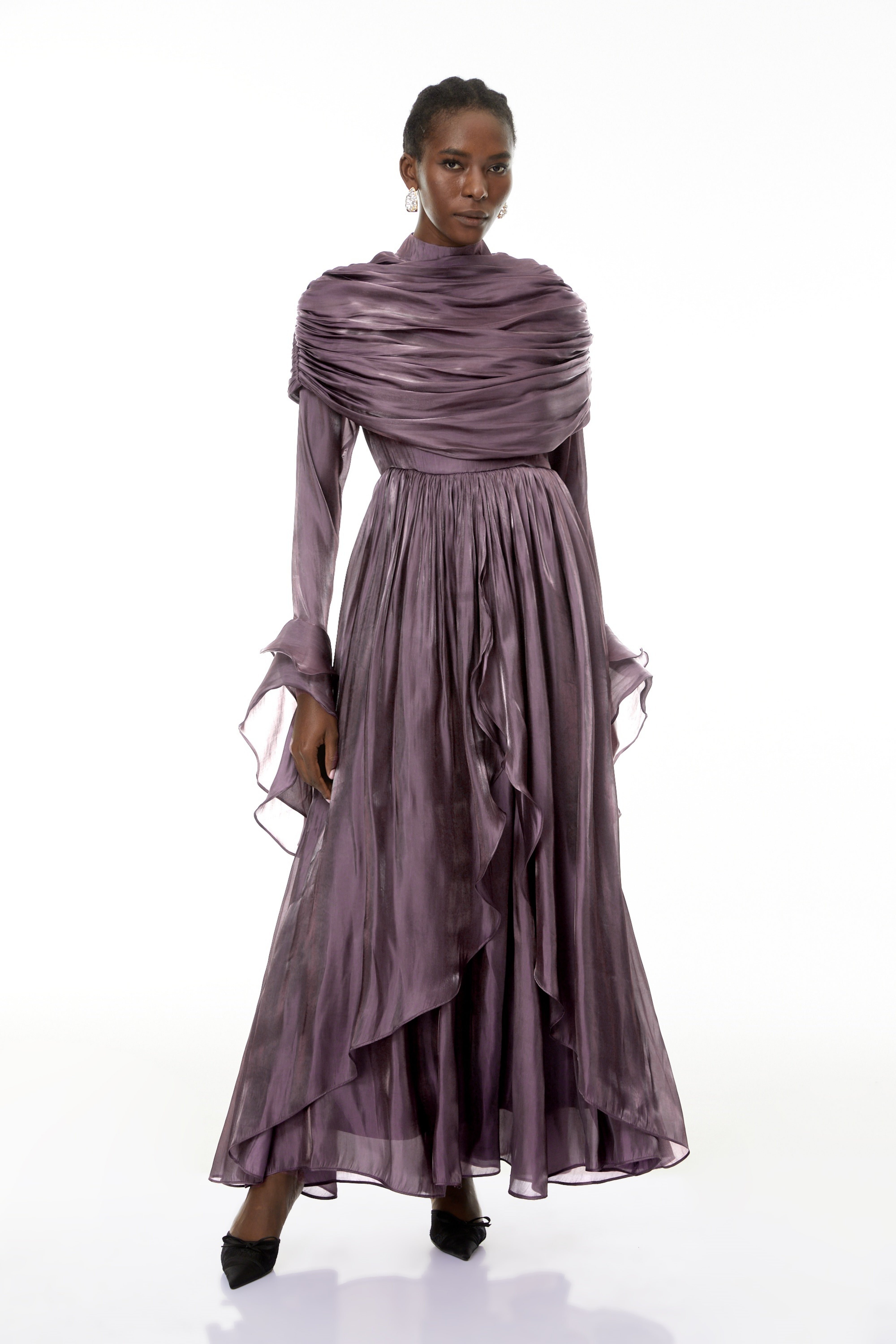 Gustave Purple Ruched Cape Ruffled Maxi Dress (Final Sale)