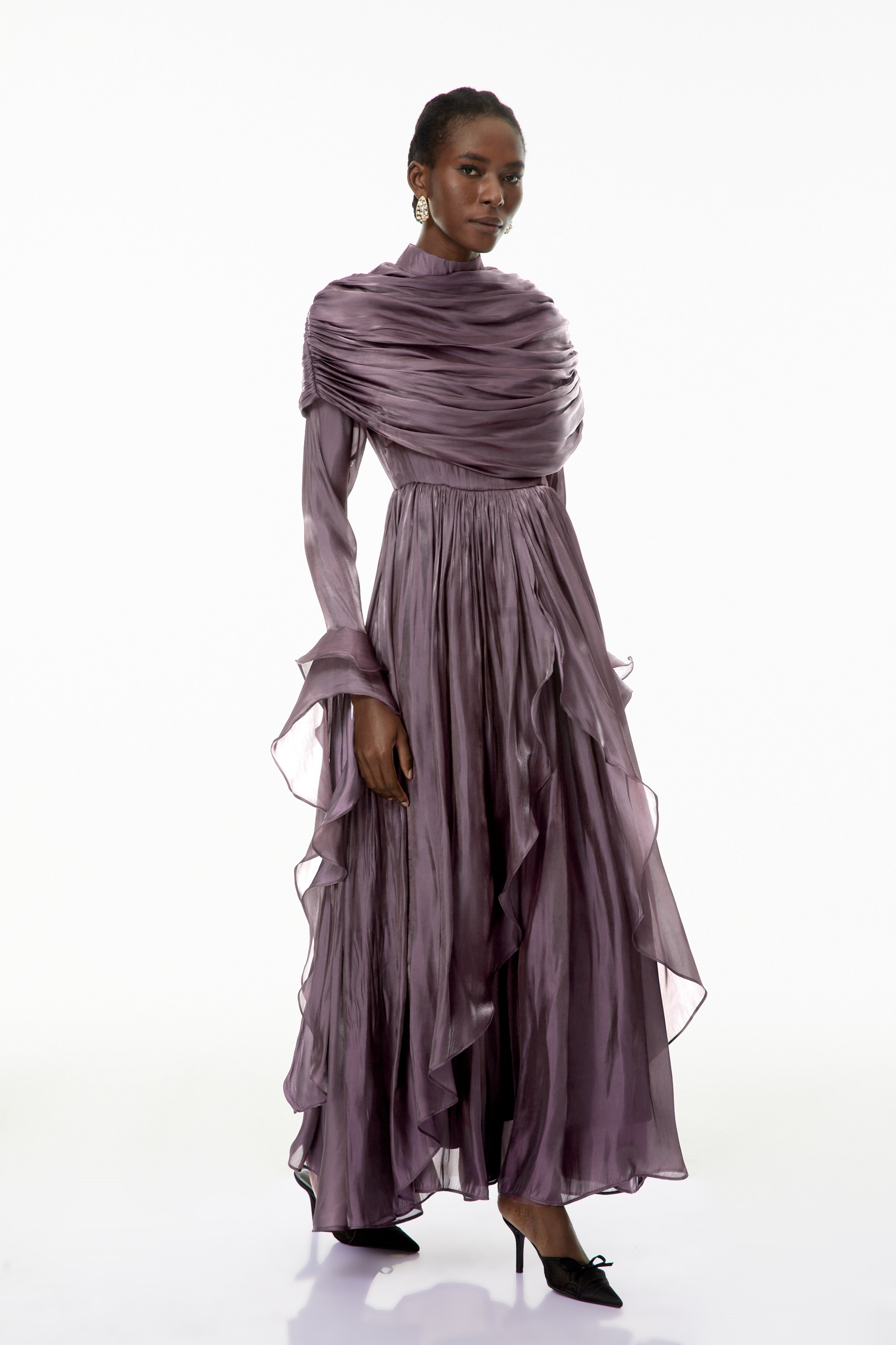 Gustave Purple Ruched Cape Ruffled Maxi Dress (Final Sale)