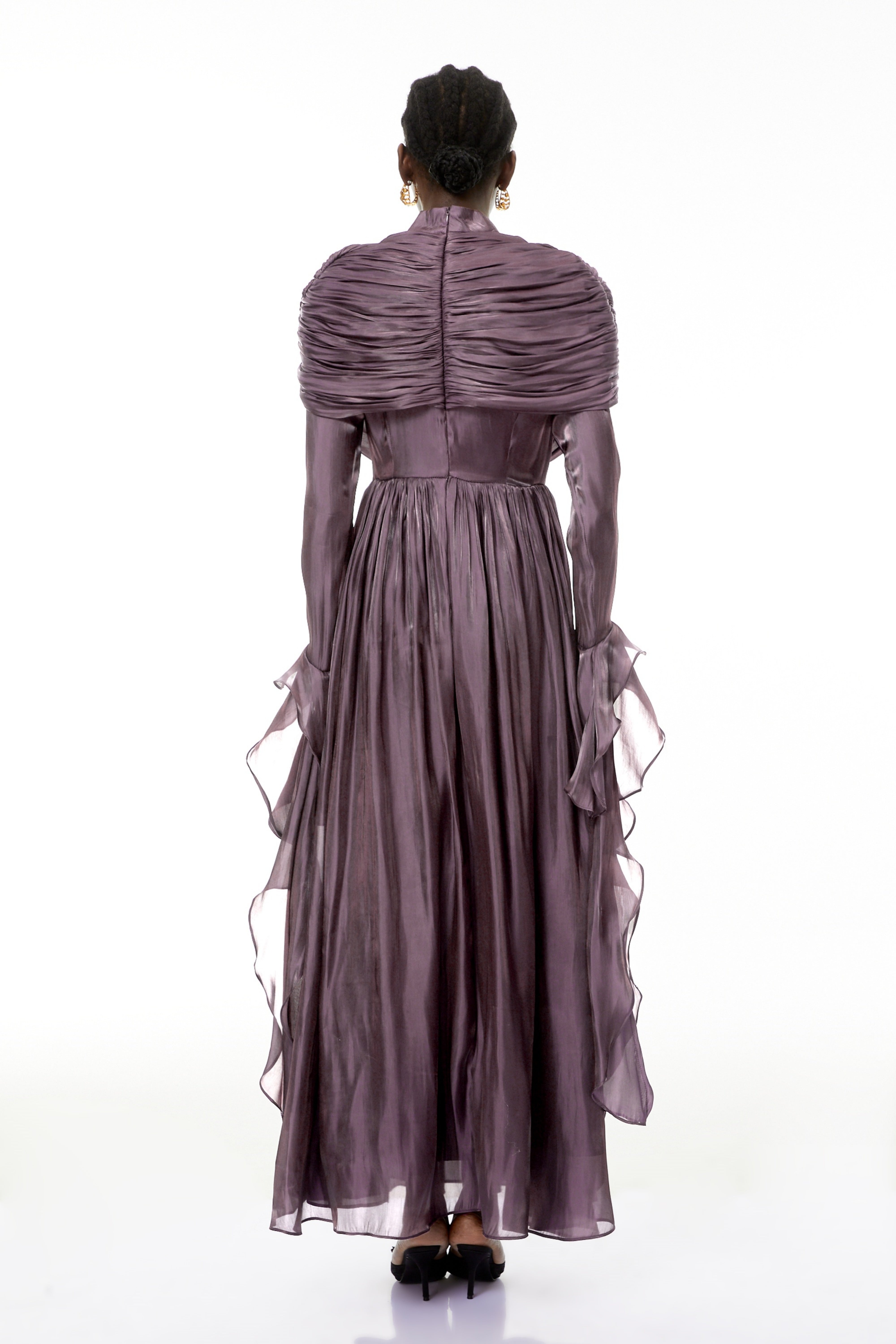 Gustave Purple Ruched Cape Ruffled Maxi Dress