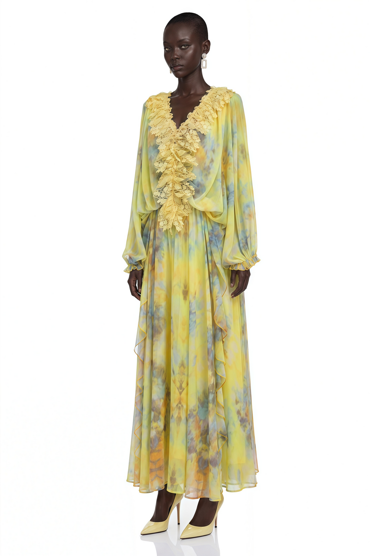 Gwendolen Yellow Floral Print Maxi Dress with Lace Trim