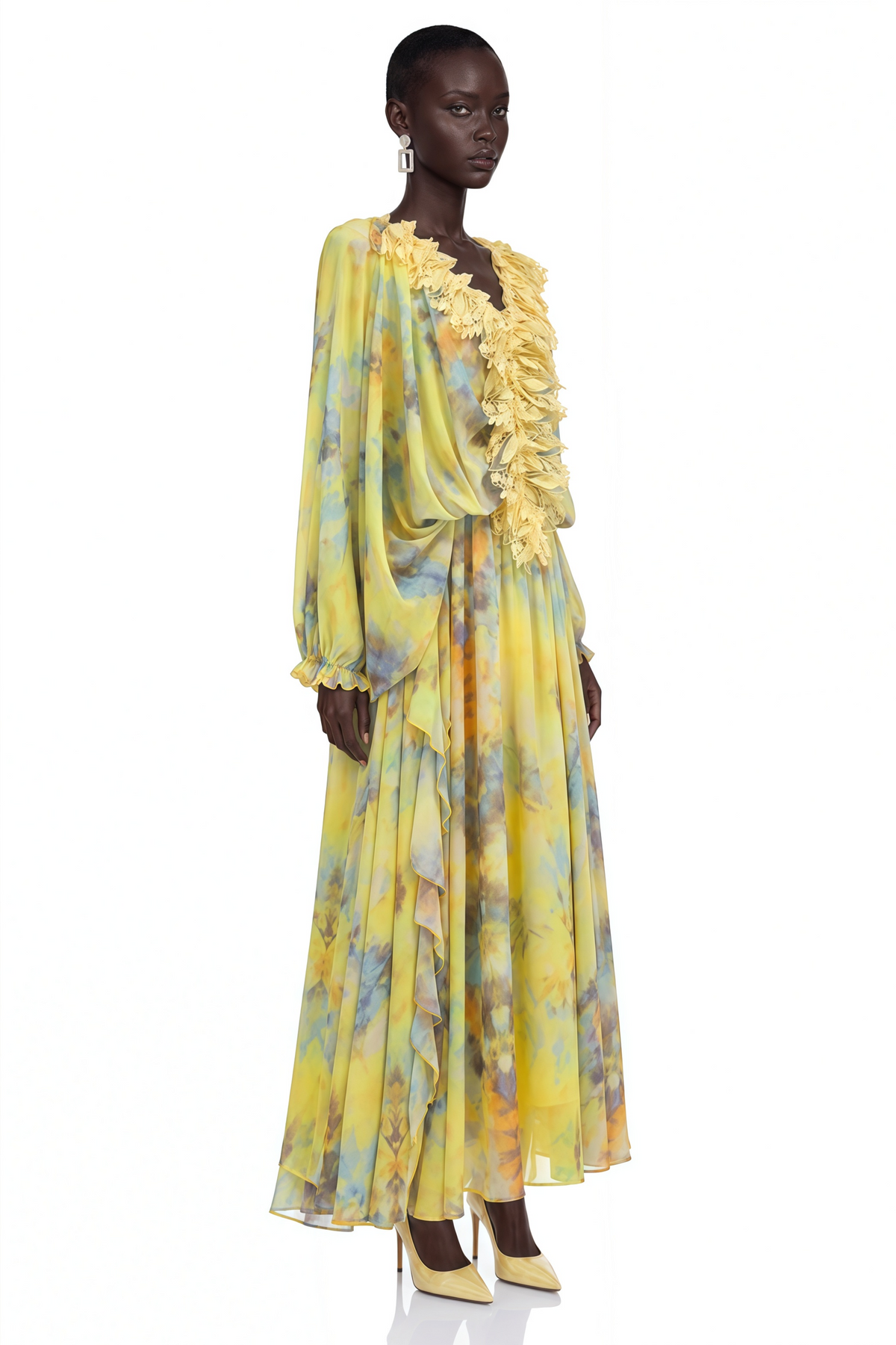 Gwendolen Yellow Floral Print Maxi Dress with Lace Trim