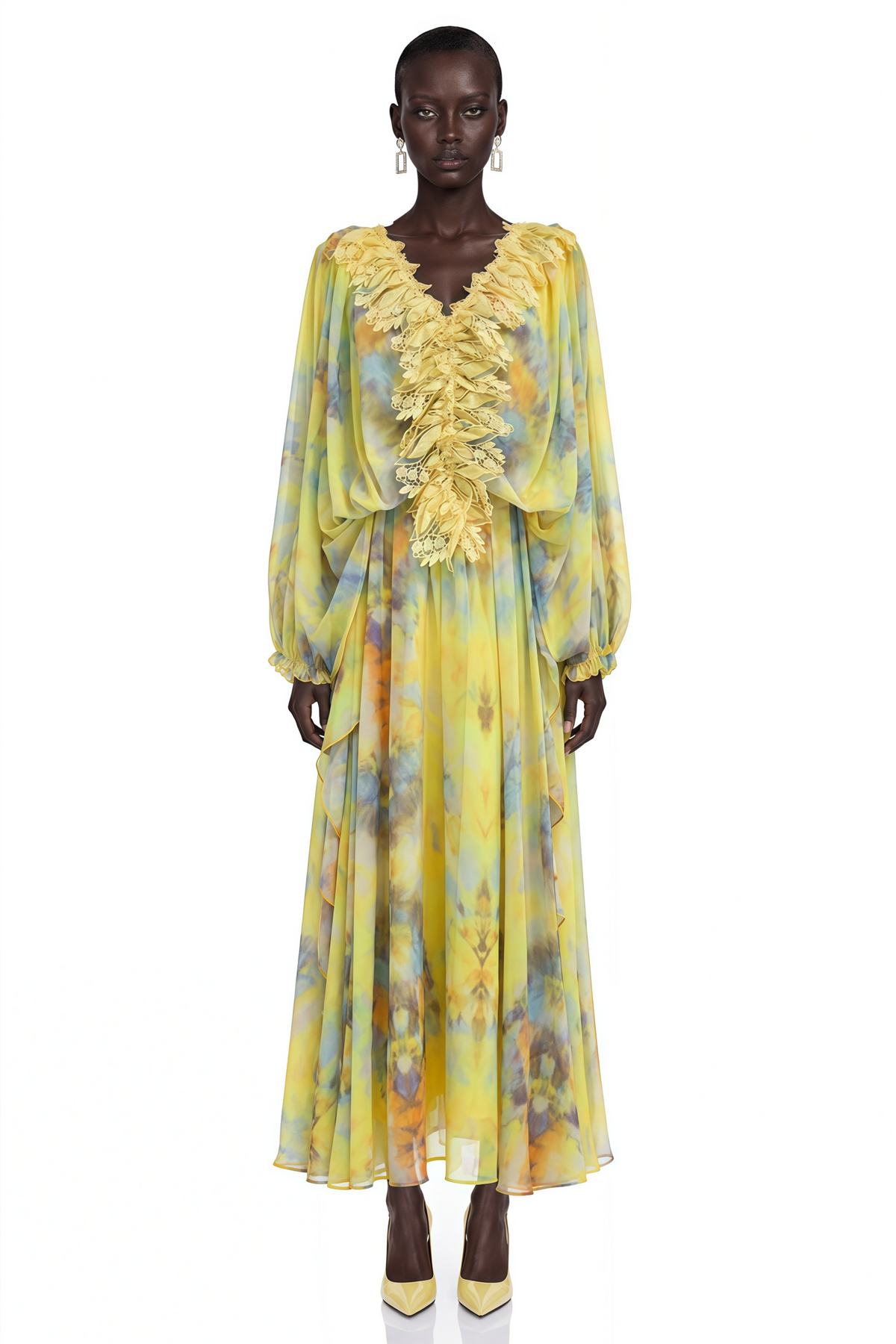 Gwendolen Yellow Floral Print Maxi Dress with Lace Trim
