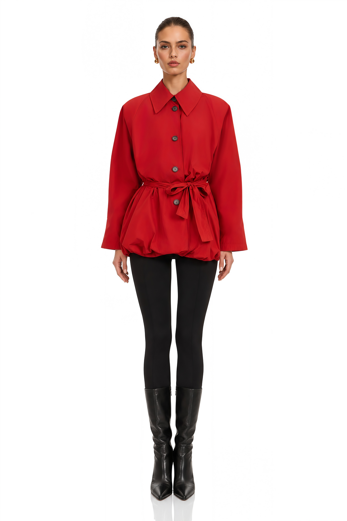 gwennan red puff sleeve belted bubble jacket