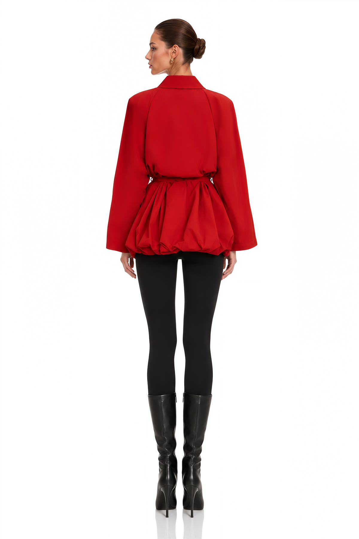 gwennan red puff sleeve belted bubble jacket