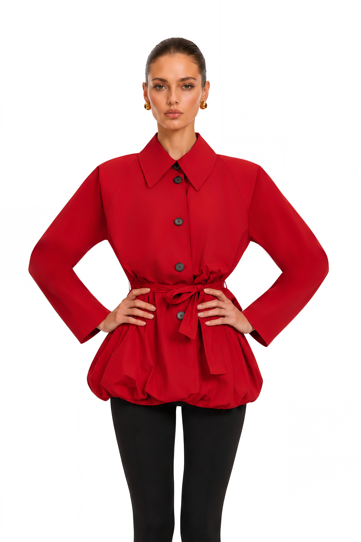 gwennan red puff sleeve belted bubble jacket