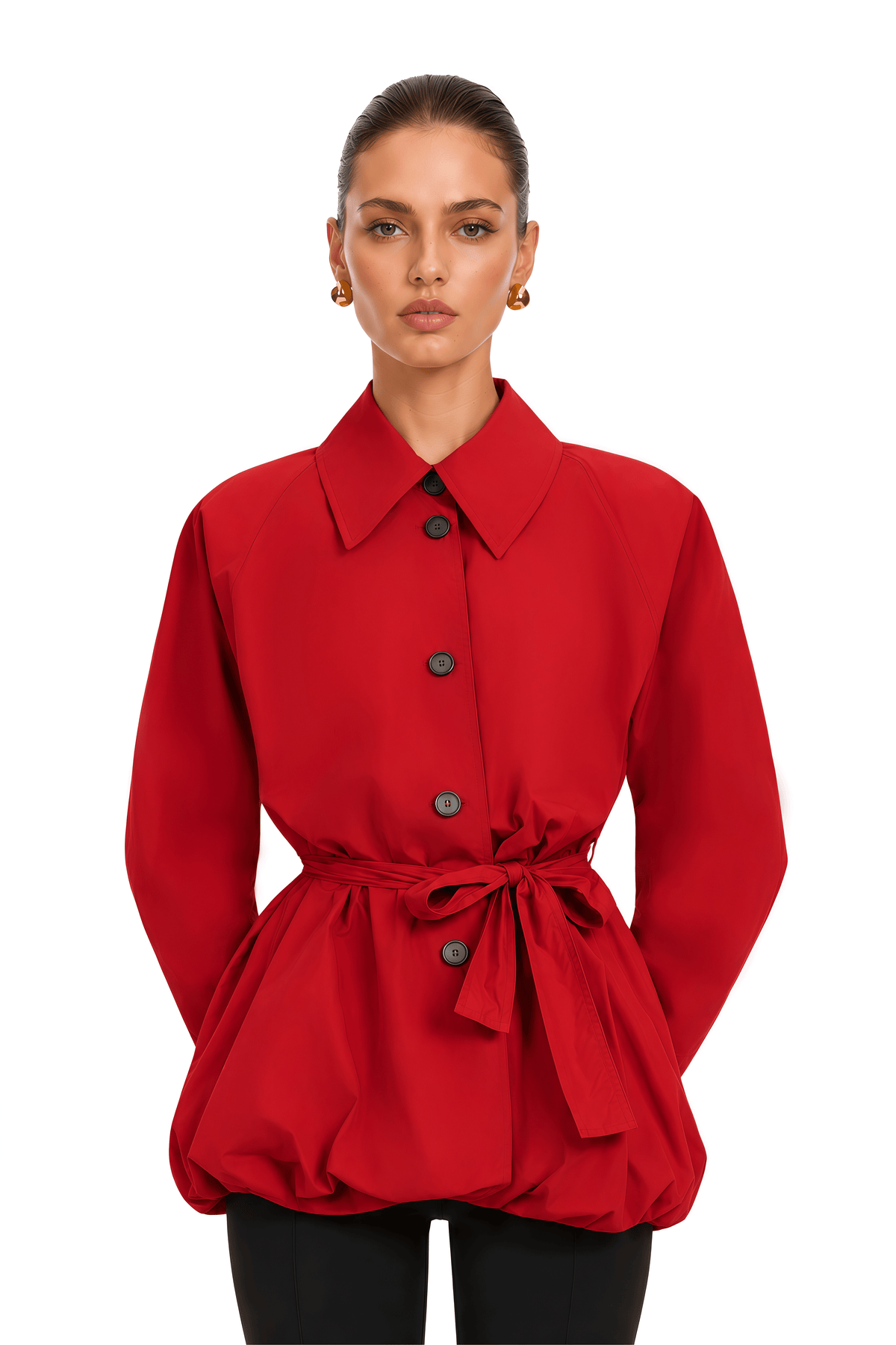 gwennan red puff sleeve belted bubble jacket