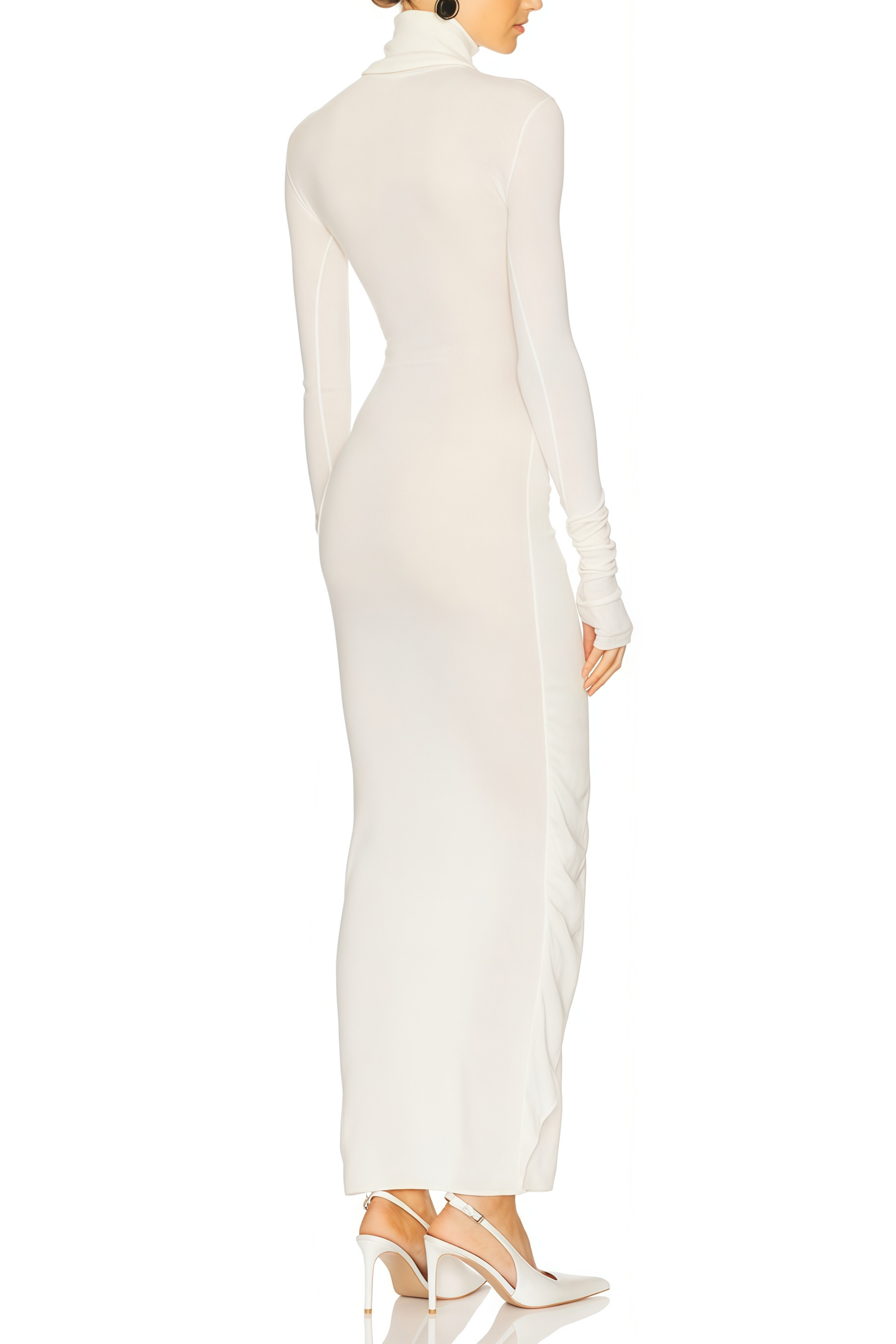 Impériale White Ruched Turtleneck Maxi Dress