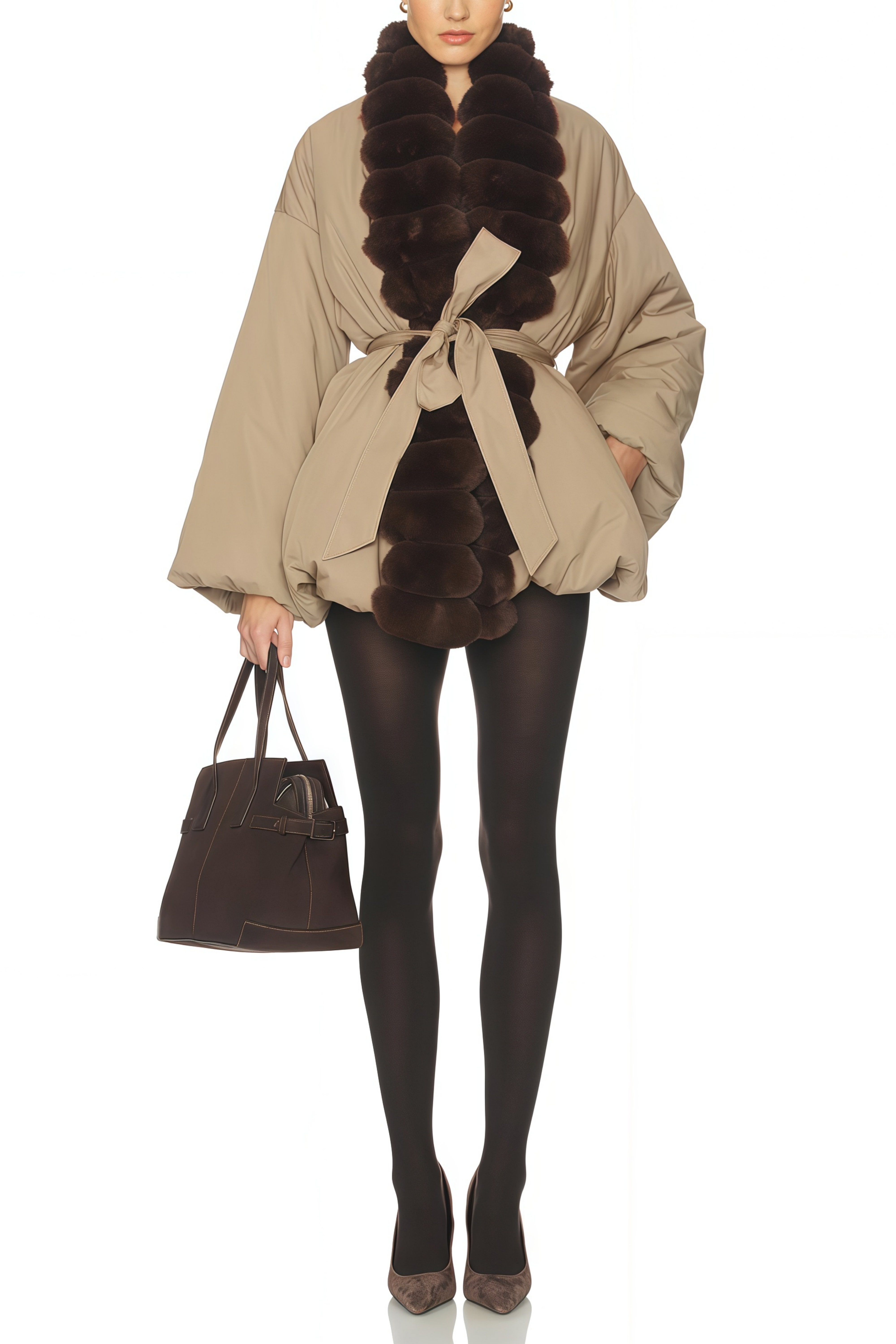 Ileana Khaki Fur Trim Bubble Down Jacket (Final Sale-US Only)