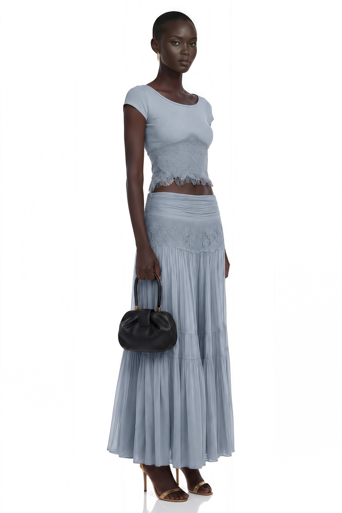 Haast Dusty Blue Knit Top & Lace Panel Skirt Set