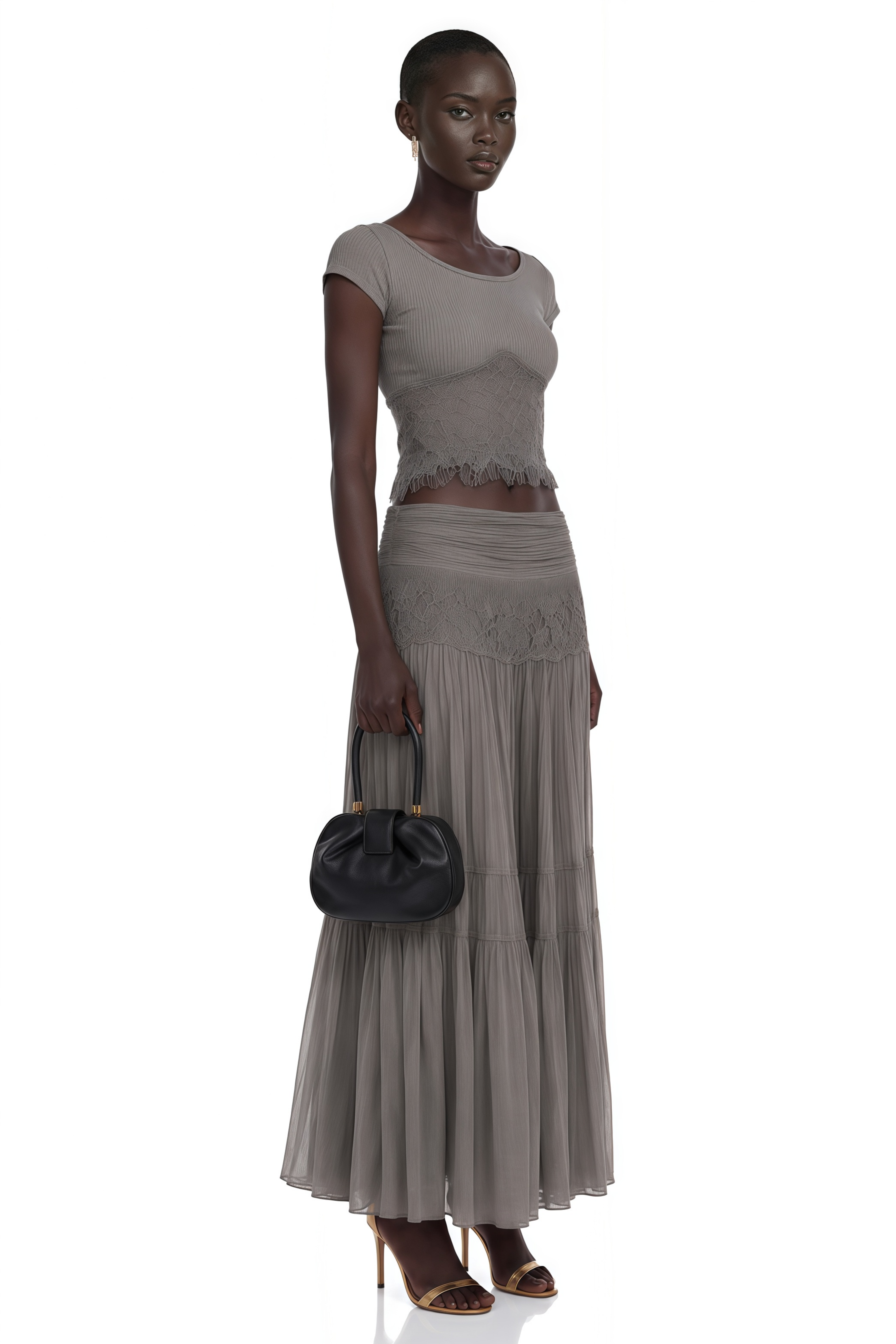 Haast Grey Knit Top & Lace Panel Skirt Set