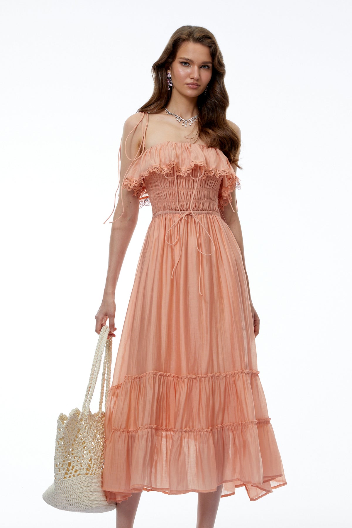 Haeata Coral Sleeveless Ruffled Midi Dress with Lace Trim