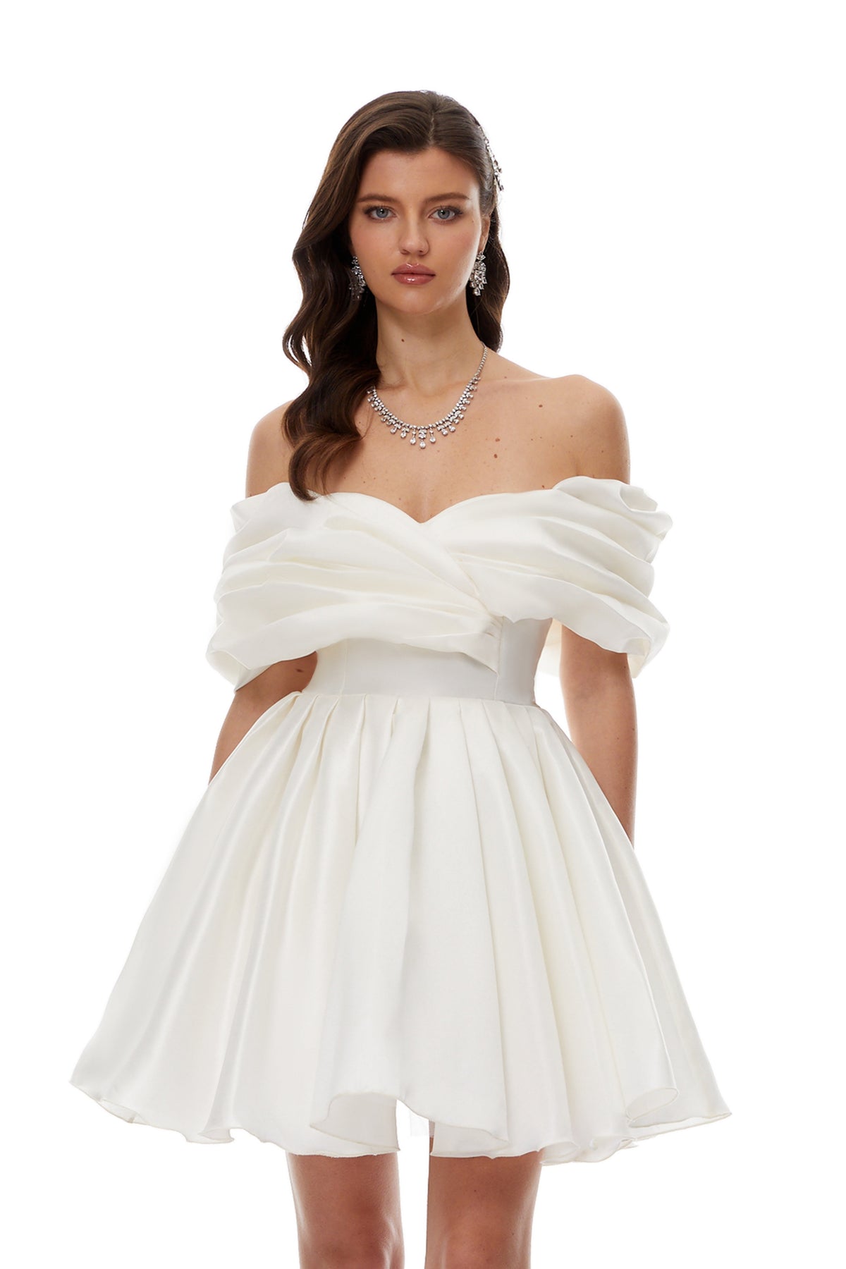 Halina White Off Shoulder Ruched Mini Dress
