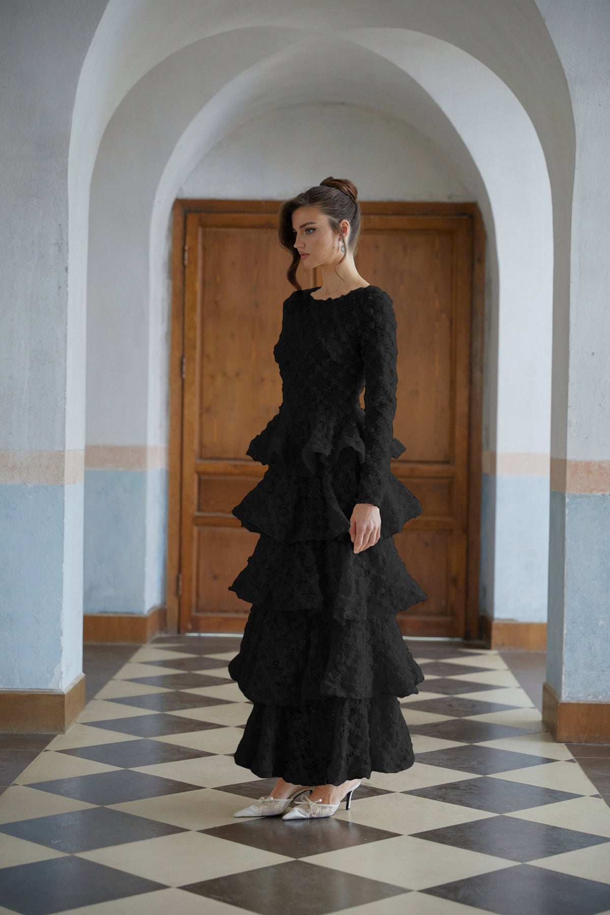 Halla Black Tiered Floral Lace Maxi Dress